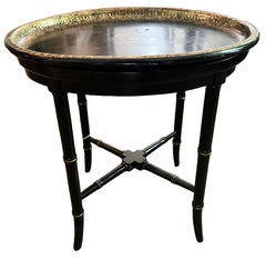 Oval Black Lacquer English Tray Table with Gilt Tray