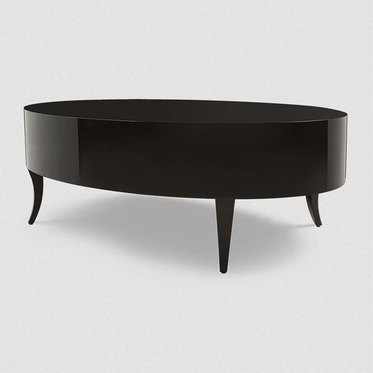 Coffee table oval black lak with solid mahogany
wood structure and with veneered mahogany in black
lacquered finish.