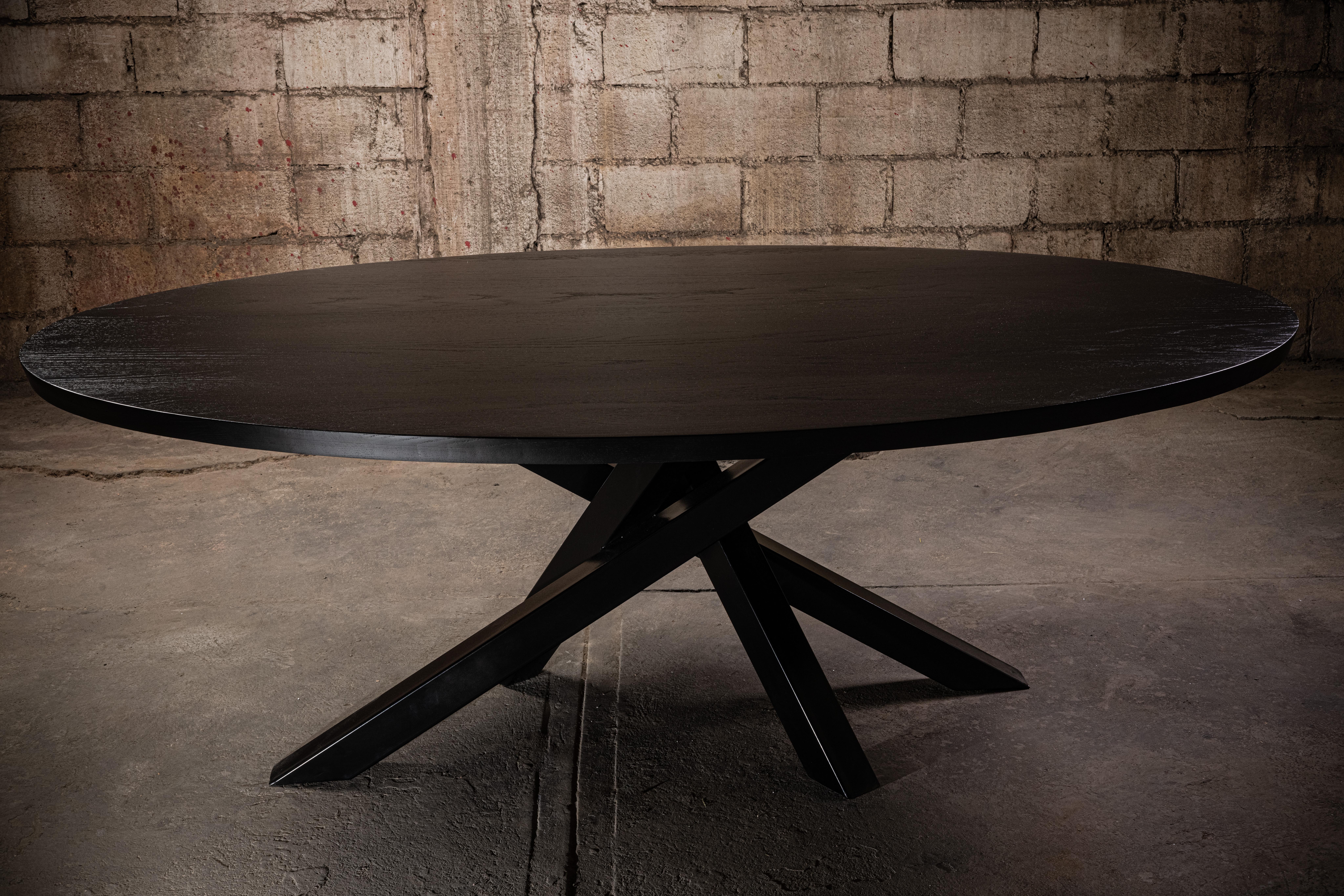 Modern Oval Black Oak Dining Table with Criss Cross Black Metal Base For Sale