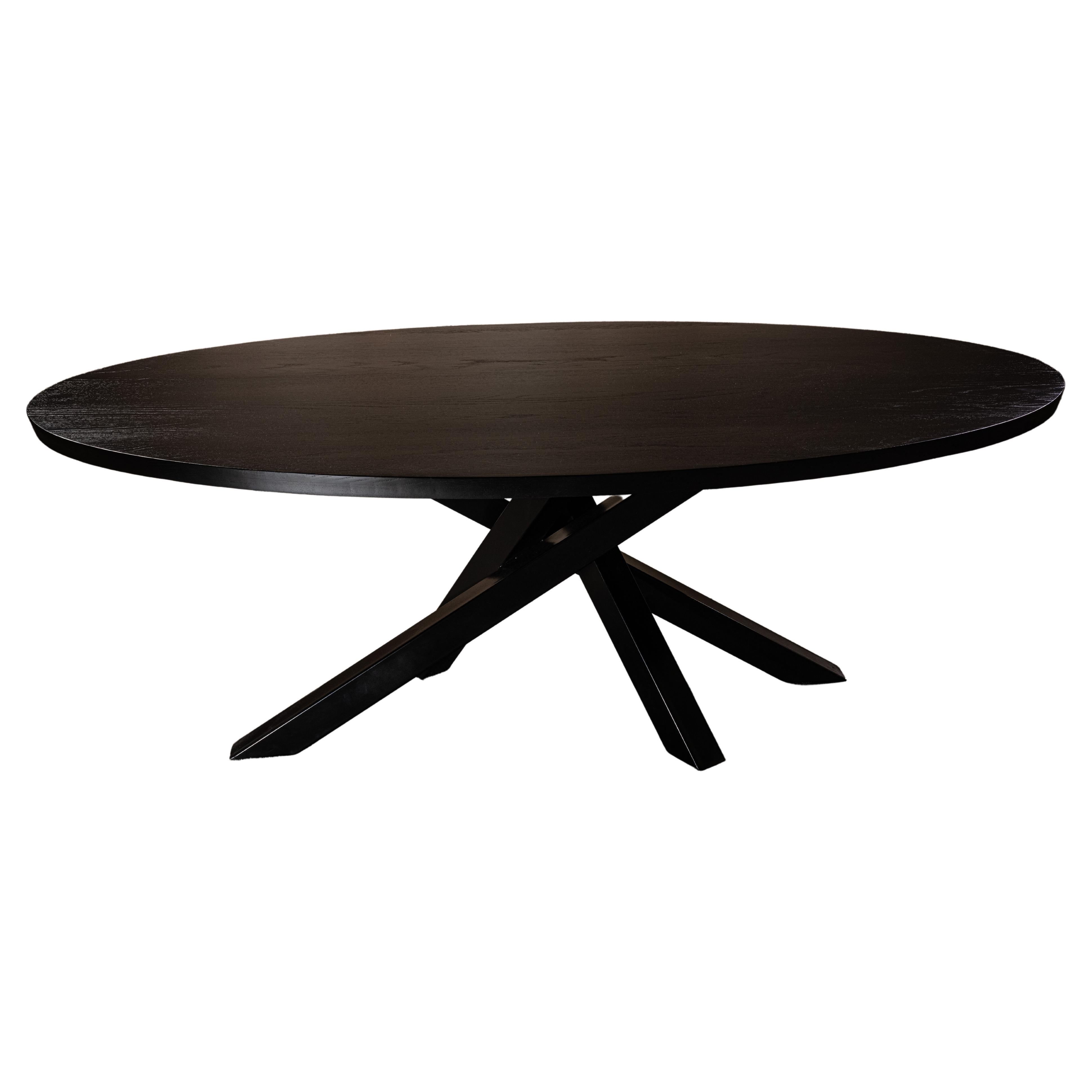 Oval Black Oak Dining Table with Criss Cross Black Metal Base For Sale