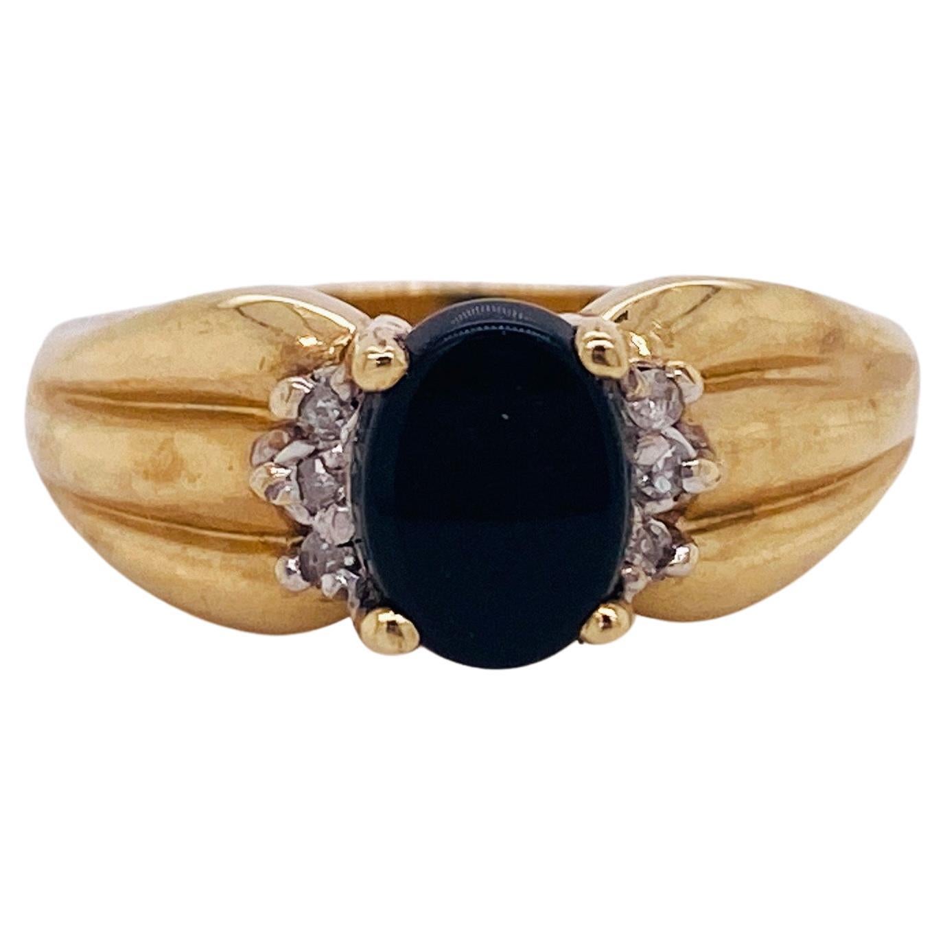 Ovaler schwarzer Onyx und Diamant gerippter Ring aus 10k Gold, Leo Geburtsstein LV Band