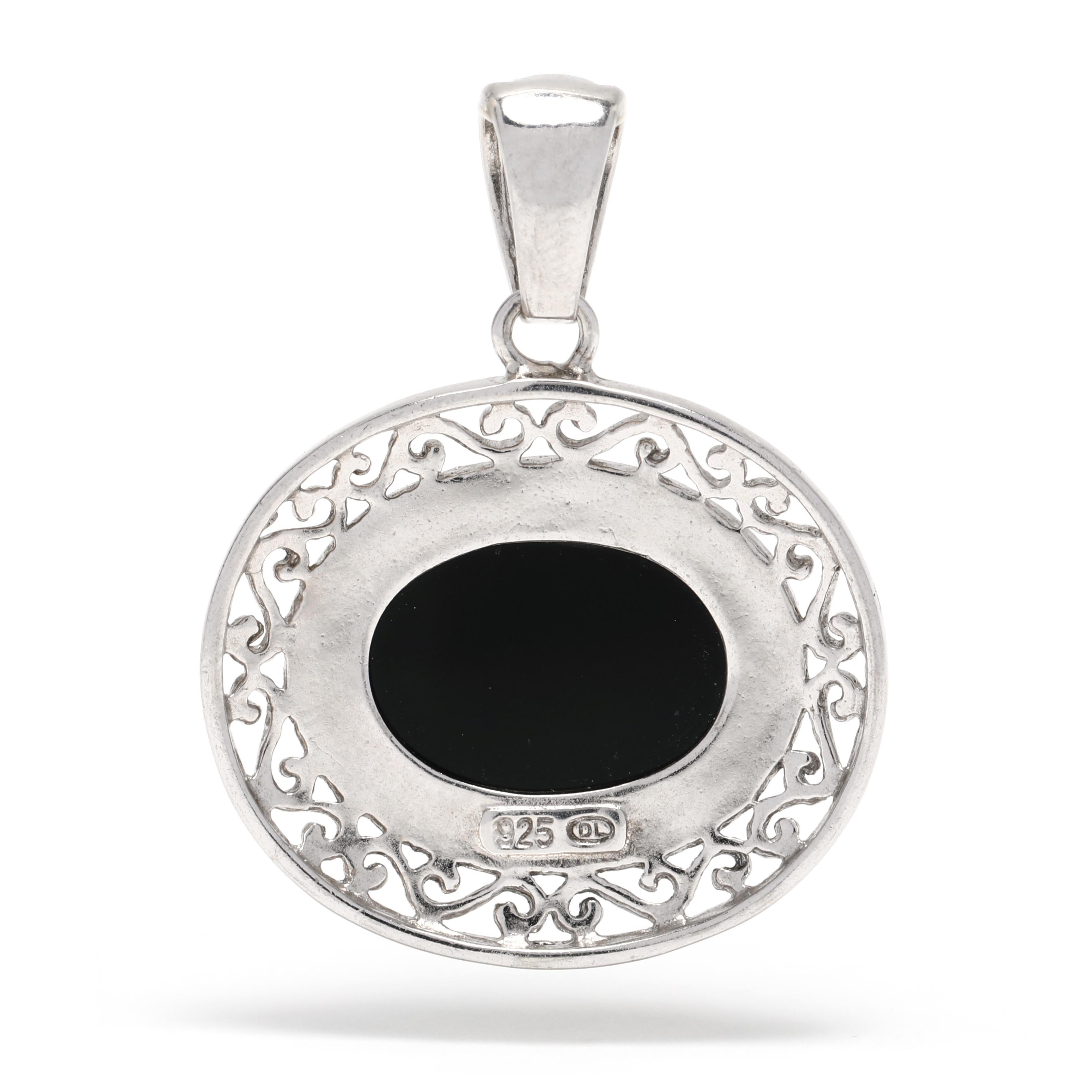 Oval Cut Oval Black Onyx Filigree Pendant, Sterling Silver, Vintage For Sale