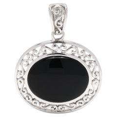 Oval Black Onyx Filigree Pendant, Sterling Silver, Retro