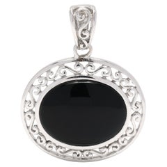 Filigraner ovaler schwarzer Onyx-Anhänger, Sterlingsilber, Vintage