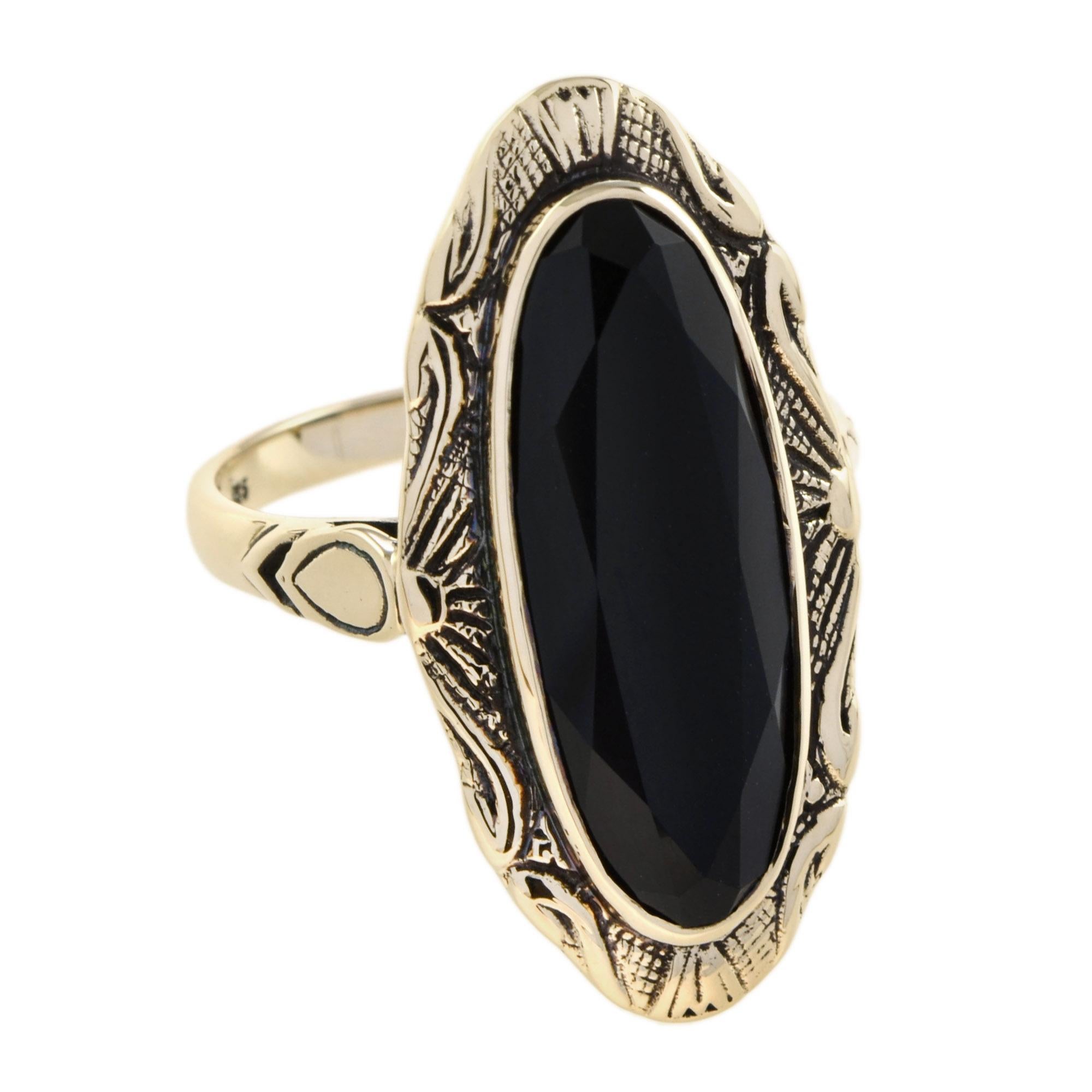 This fine piece has been expertly crafted out of 9 karat yellow gold and bezel set with solitaire, oval cut, onyx gem. Adorn yourself with this stylish black gemstone jewelry.
Ring Information
Style: Vintage
Total weight: 5.30 g. (approx. total
