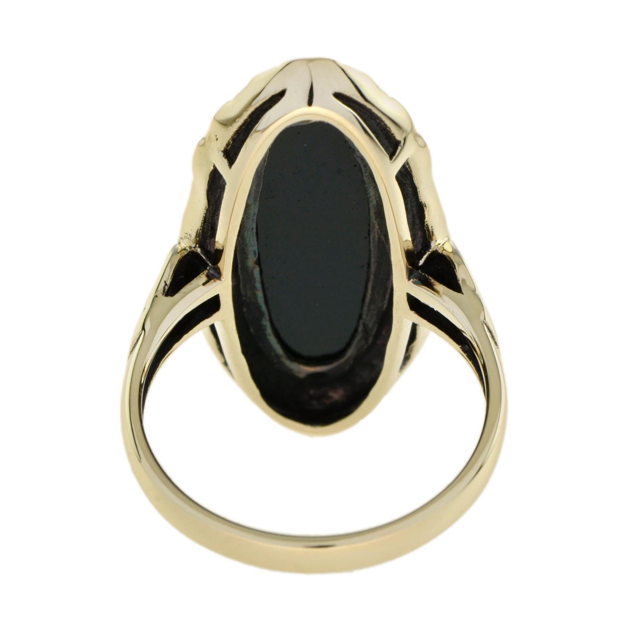 Oval Black Onyx Vintage Style Cocktail 9K Yellow Gold Ring In New Condition For Sale In Oakton, VA