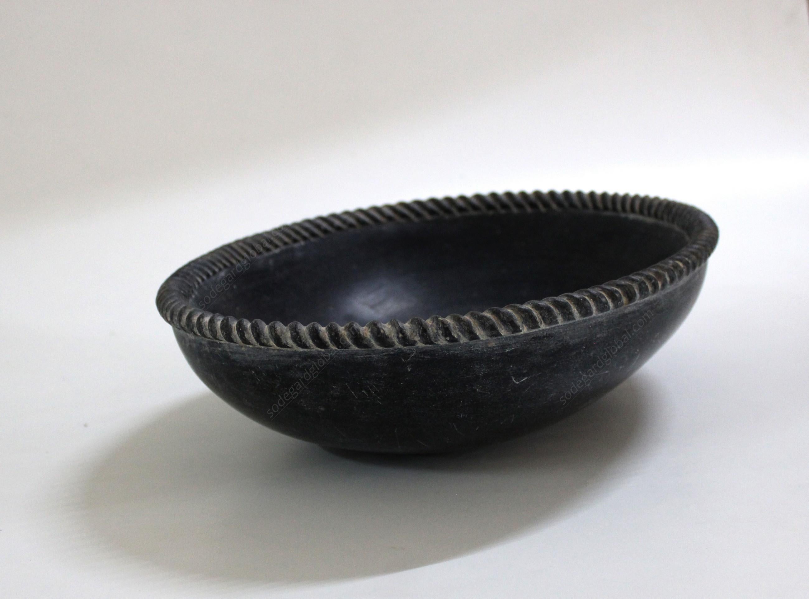 Hand-Carved Oval Rope Bowl in Black Marble Handcrafted in India by Stephanie Odegard For Sale