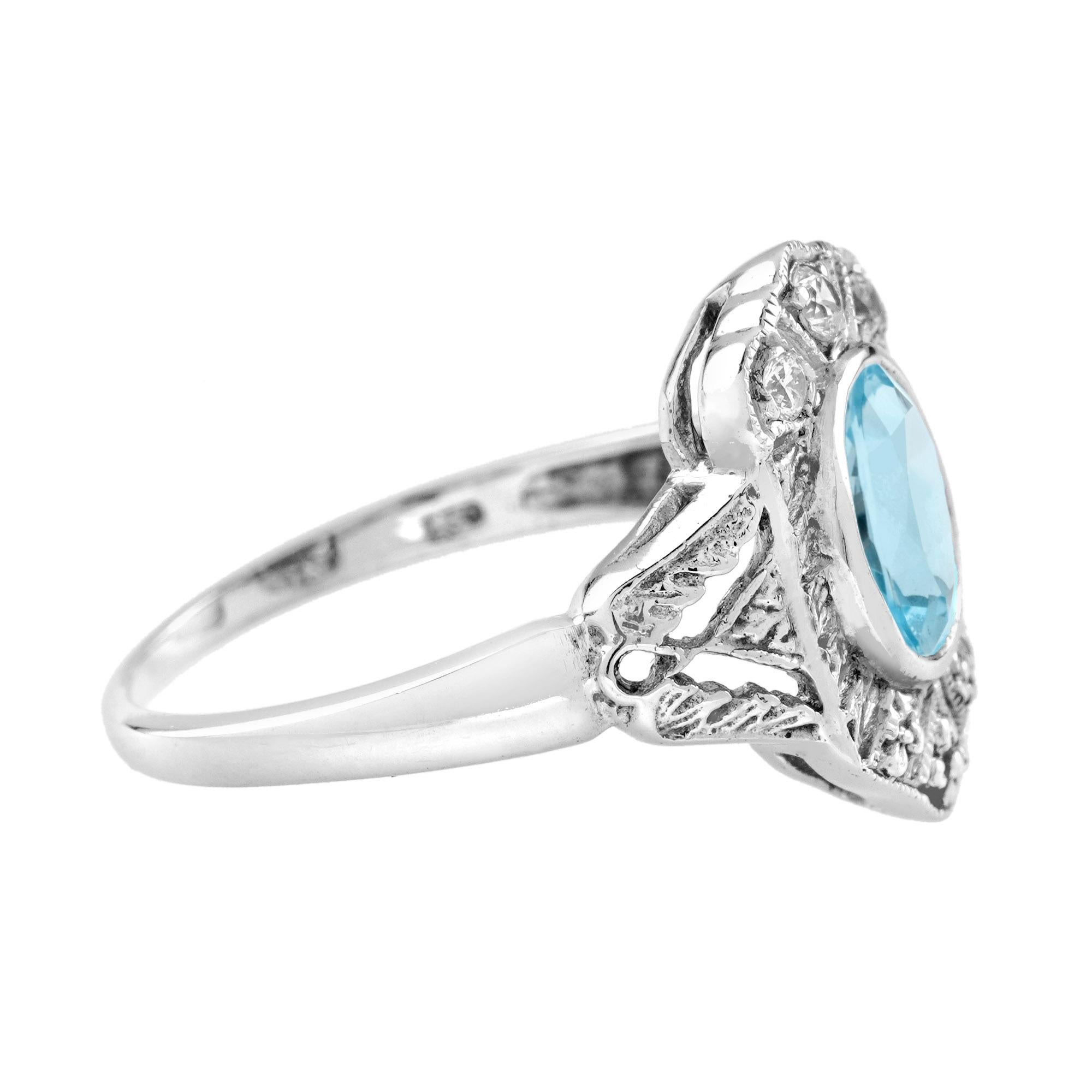 Oval Blue Aquamarine & Diamond Art Deco Style Engagement 14K White Gold Ring Art Decó en venta