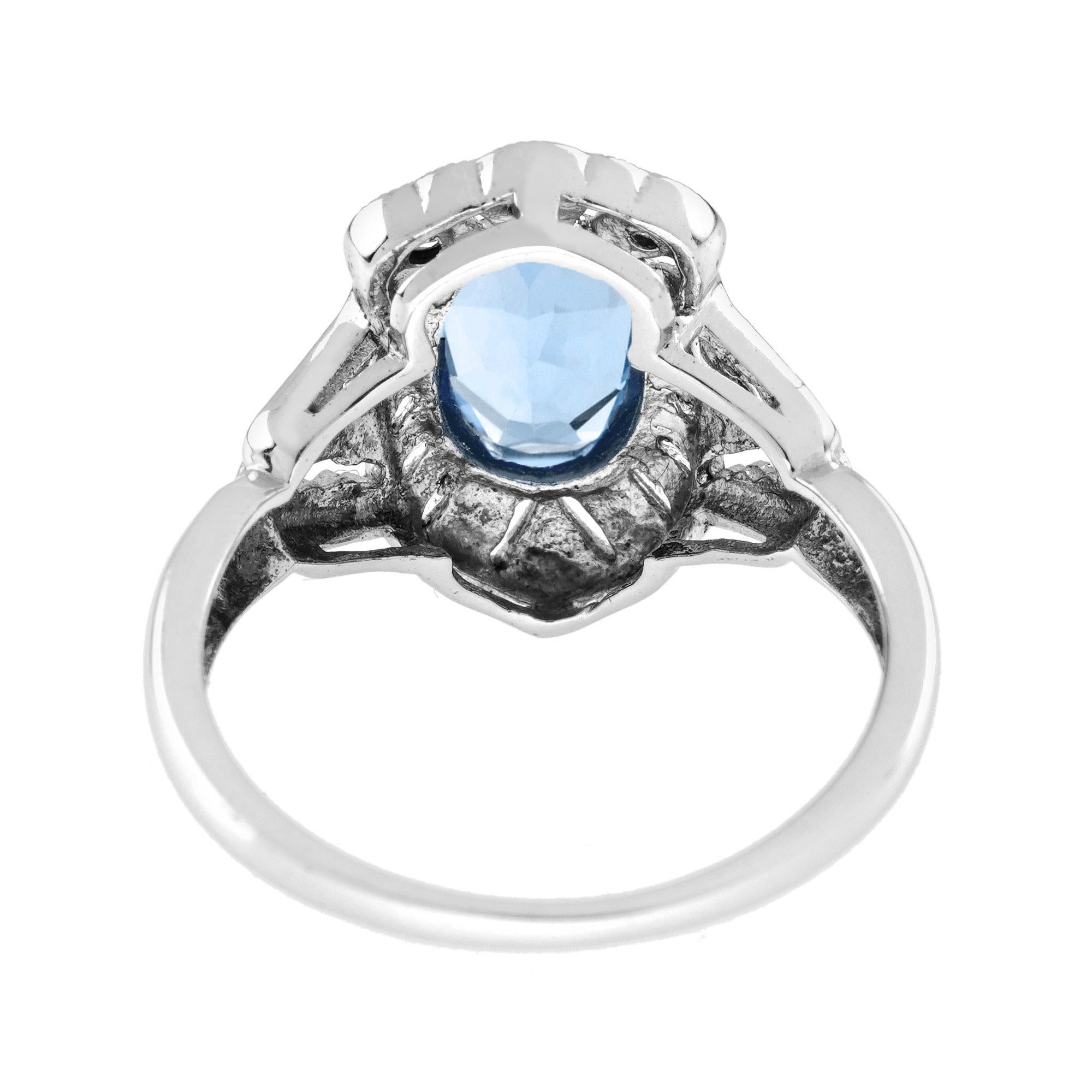 Oval Blue Aquamarine & Diamond Art Deco Style Engagement 14K White Gold Ring Corte Asscher en venta