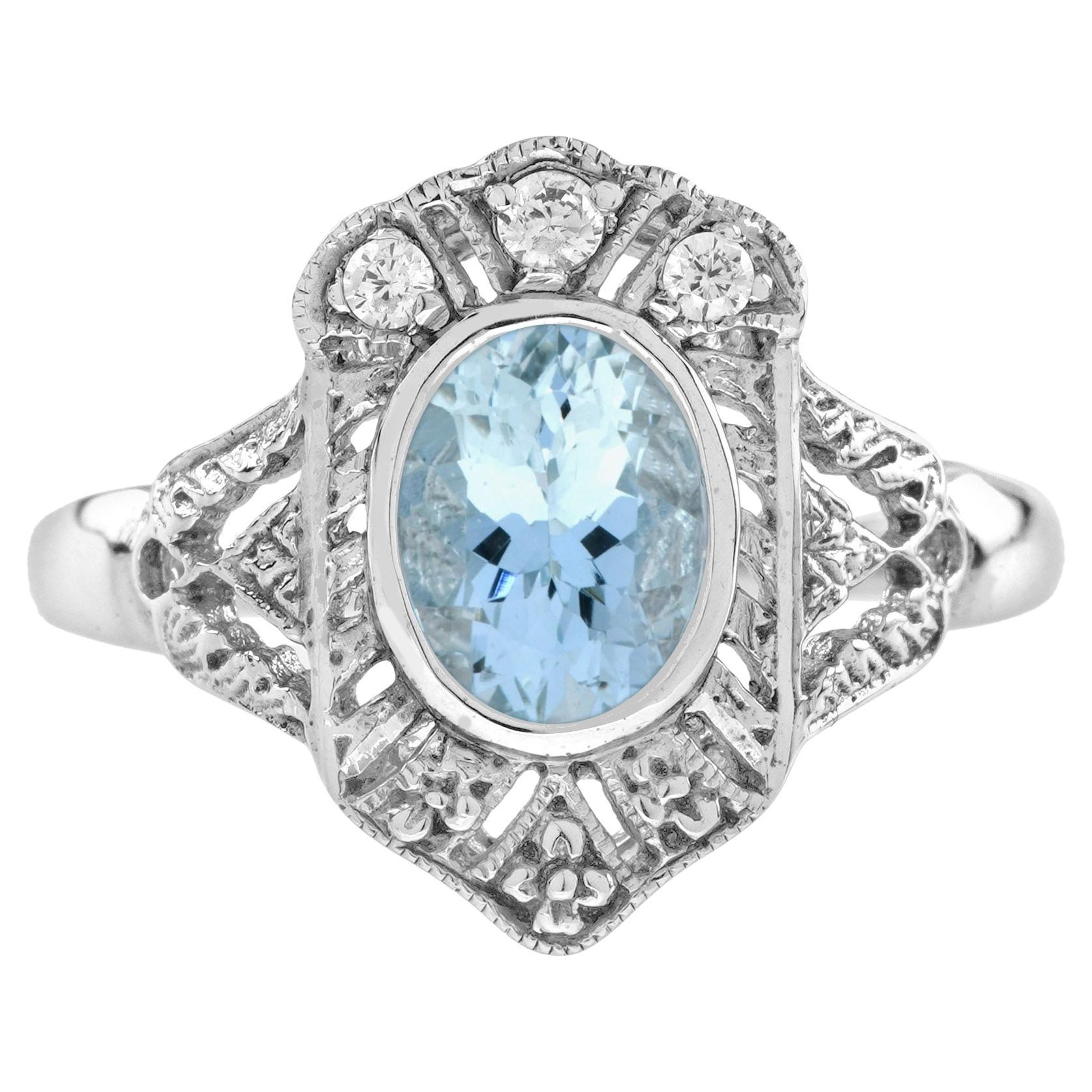 Oval Blue Aquamarine & Diamond Art Deco Style Engagement 14K White Gold Ring