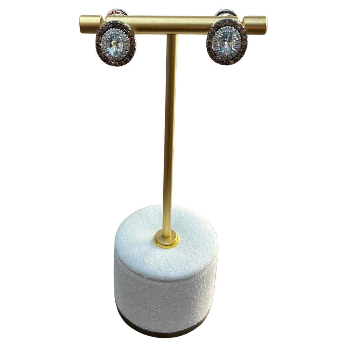 Pendientes Ovalados de Aguamarina Azul Blanco Marrón Diamantes Halo Oro Blanco 14K