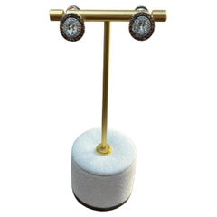 Pendientes Ovalados de Aguamarina Azul Blanco Marrón Diamantes Halo Oro Blanco 14K