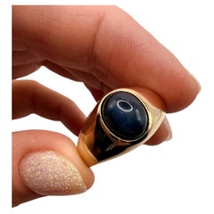 Oval blue cabochon sapphire ring 14KT yellow gold mens ring