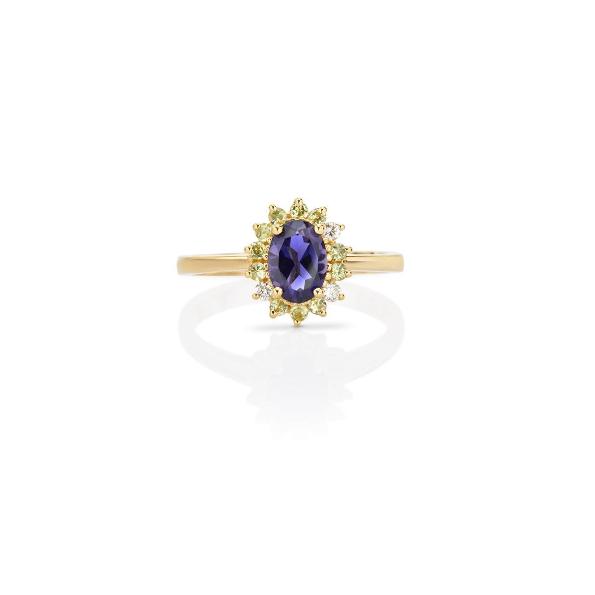Modern Oval Blue Iolite Green Peridot and Diamonds Cluster Ring in 18Kt  Yellow Gold For Sale