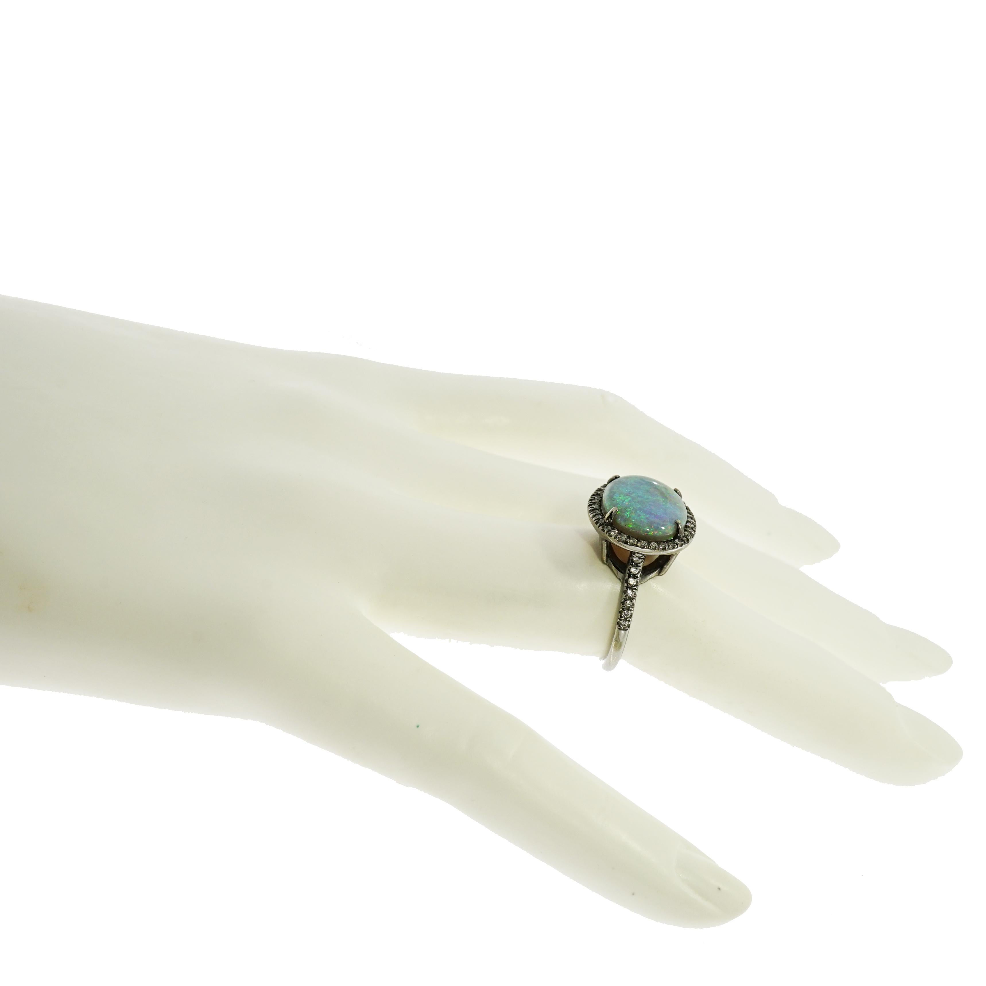 Oval Blue Opal and Diamond Ring In New Condition For Sale In Greenwich, CT