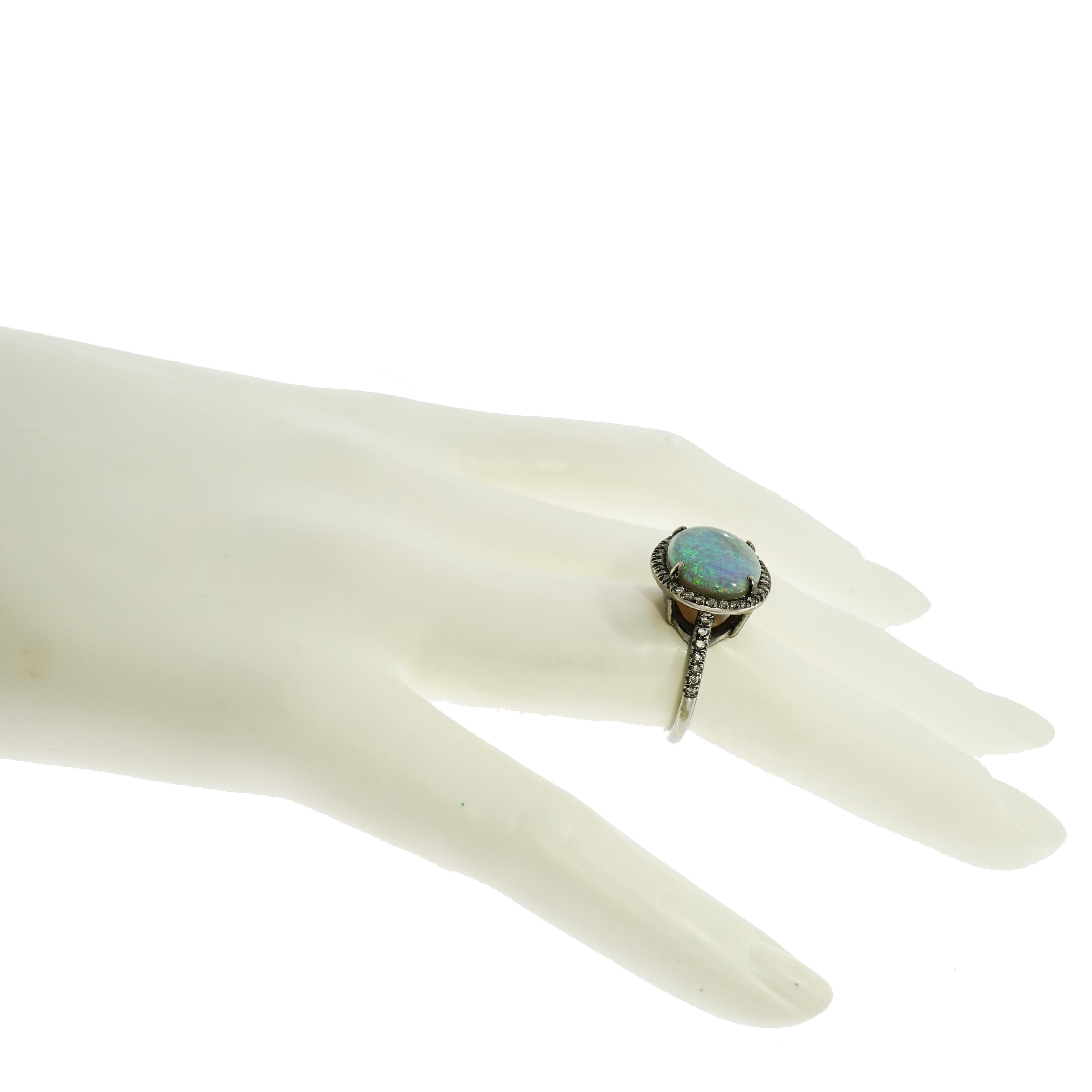 Oval Blue Opal and Diamond Ring In New Condition In Greenwich, CT