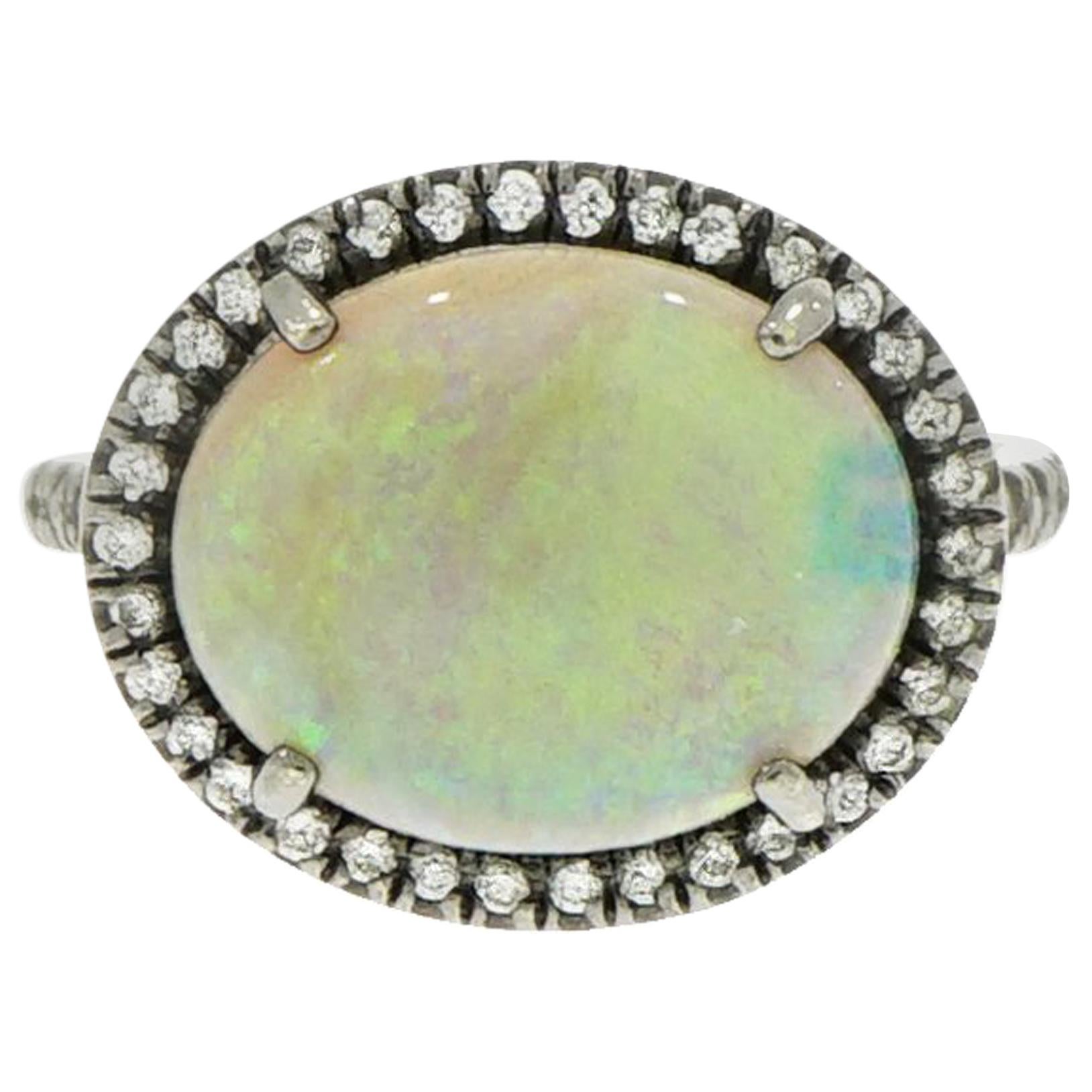Oval Blue Opal and Diamond Ring For Sale