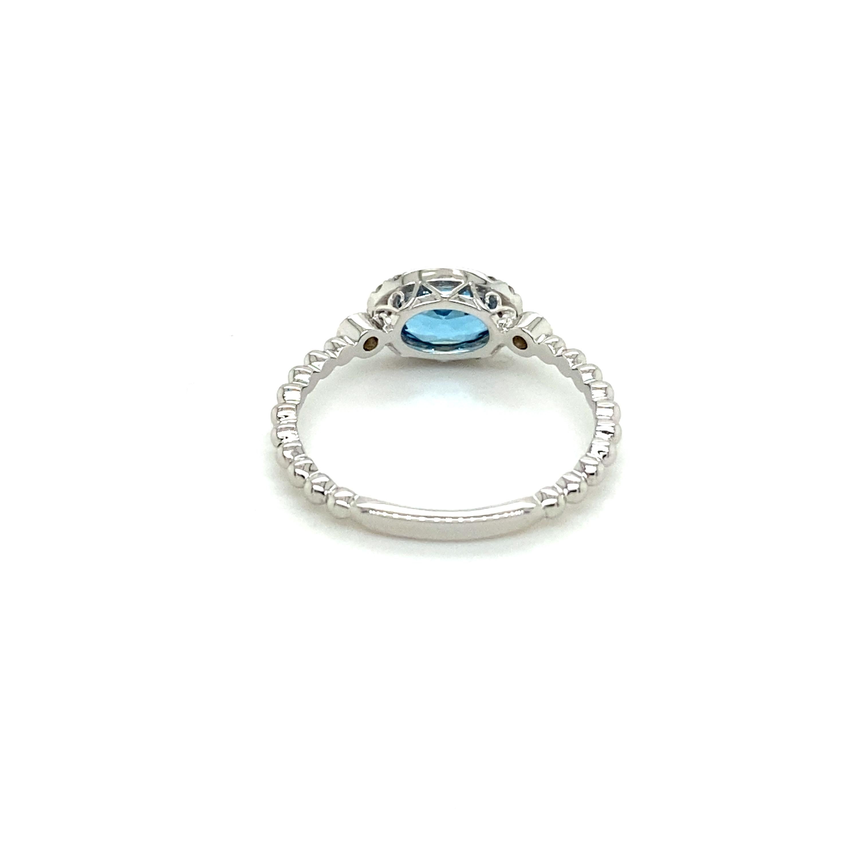 Modern Oval Blue Ring w Blue Topaz Set East to West with Diamonds Beaded Ring Sizable For Sale