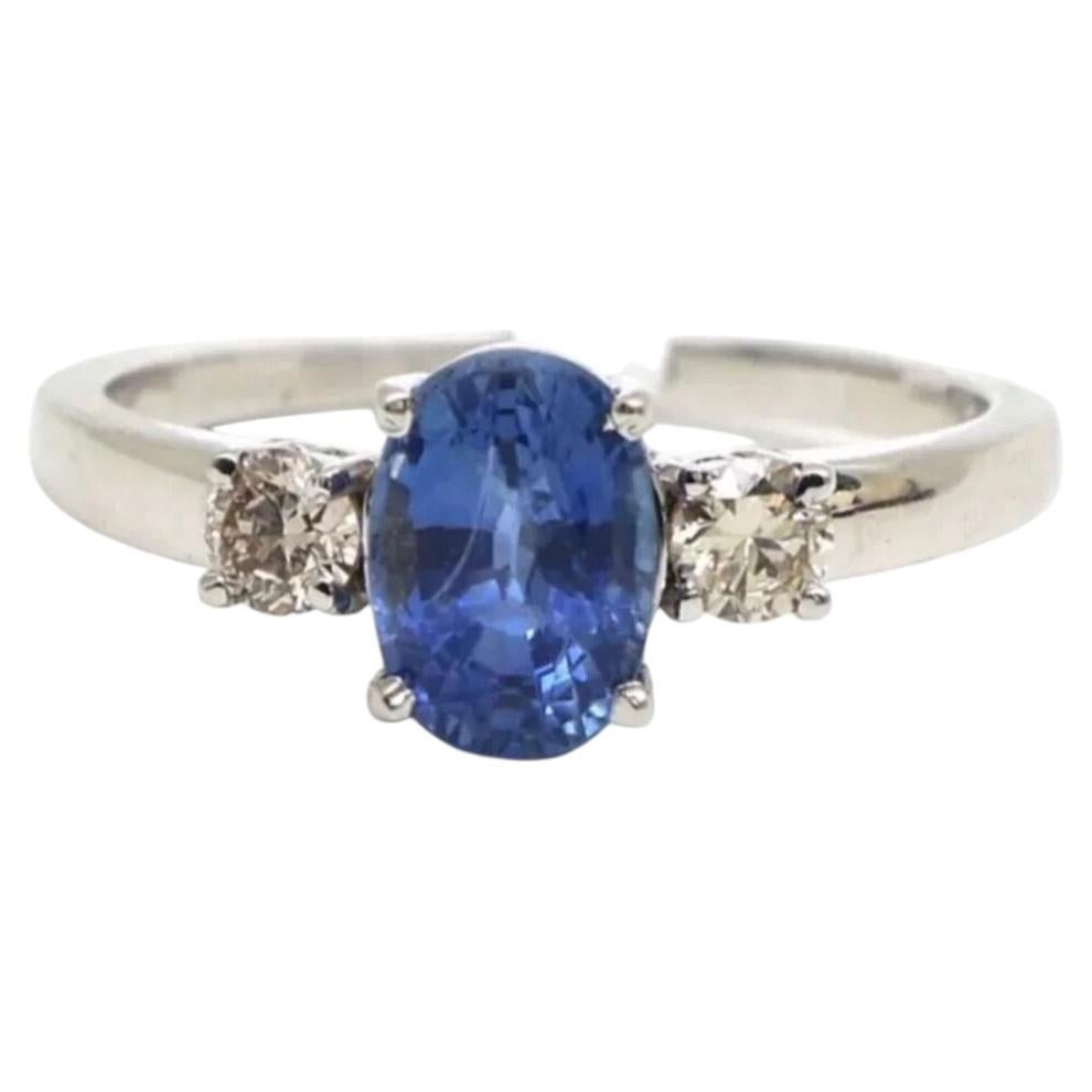 1.70ct Oval Blue Sapphire & Diamond 14K White Gold Three-Stone Ring