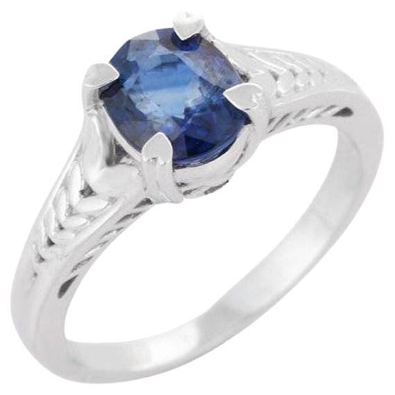 Oval Blue Sapphire 18k Solid White Gold Single Stone Ring Gift for Women