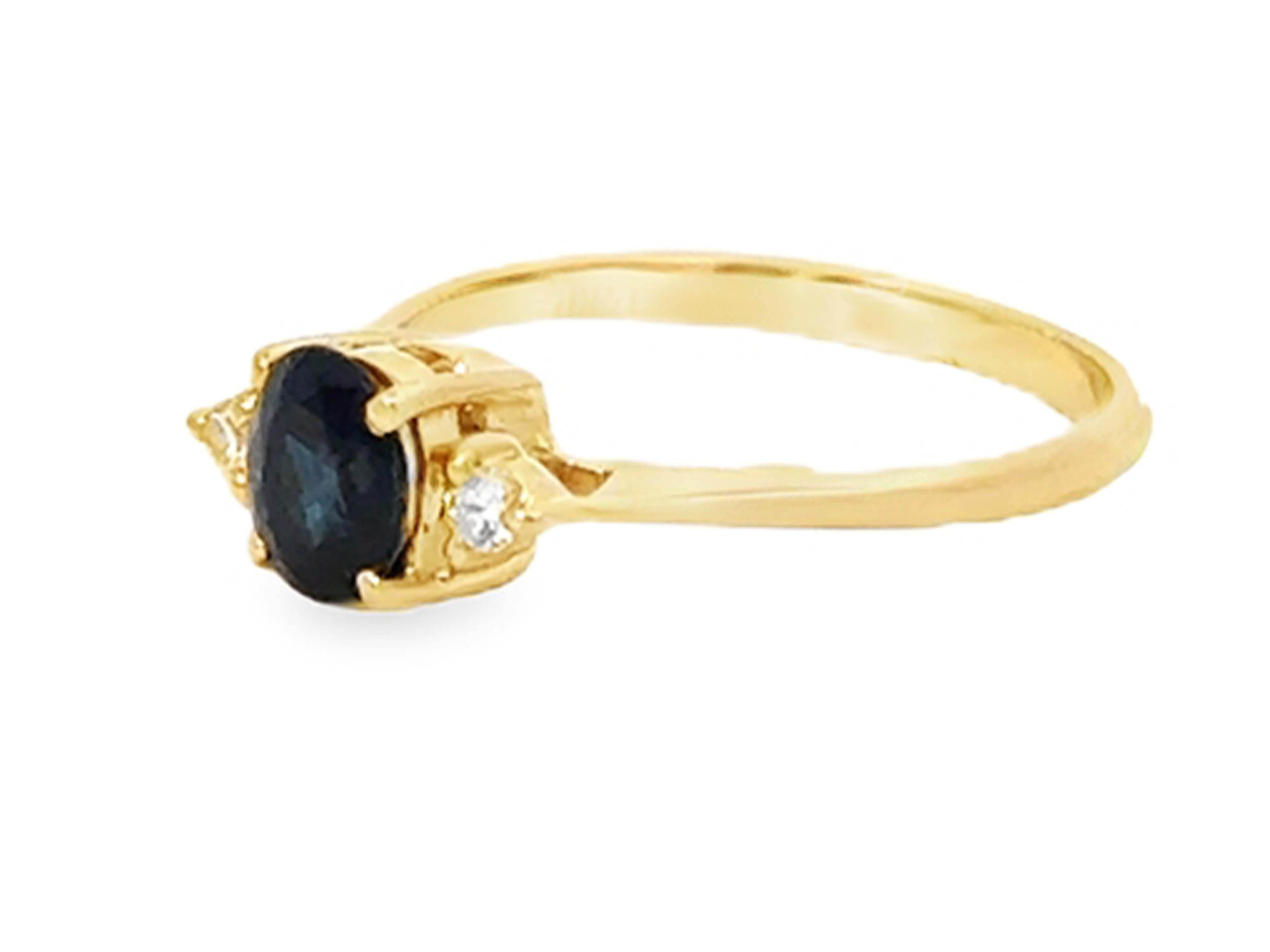 Brilliant Cut Oval Blue Sapphire 2 Diamond Ring 14k Yellow Gold For Sale