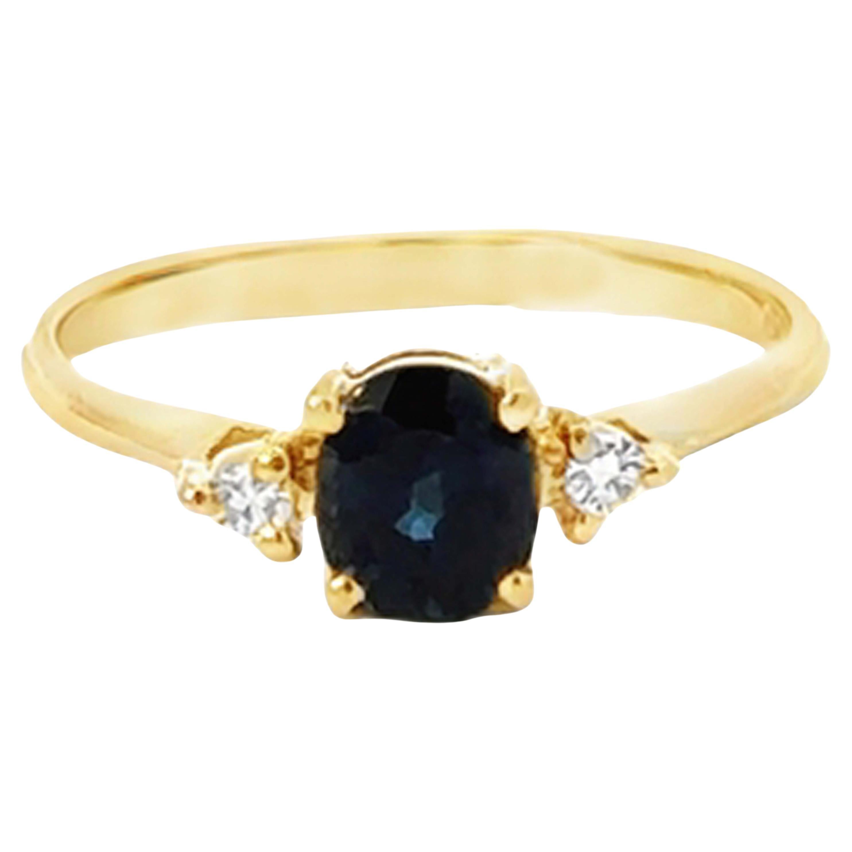 Oval Blue Sapphire 2 Diamond Ring 14k Yellow Gold