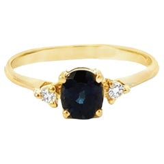 Anillo Oval Zafiro Azul 2 Diamantes Oro Amarillo 14k