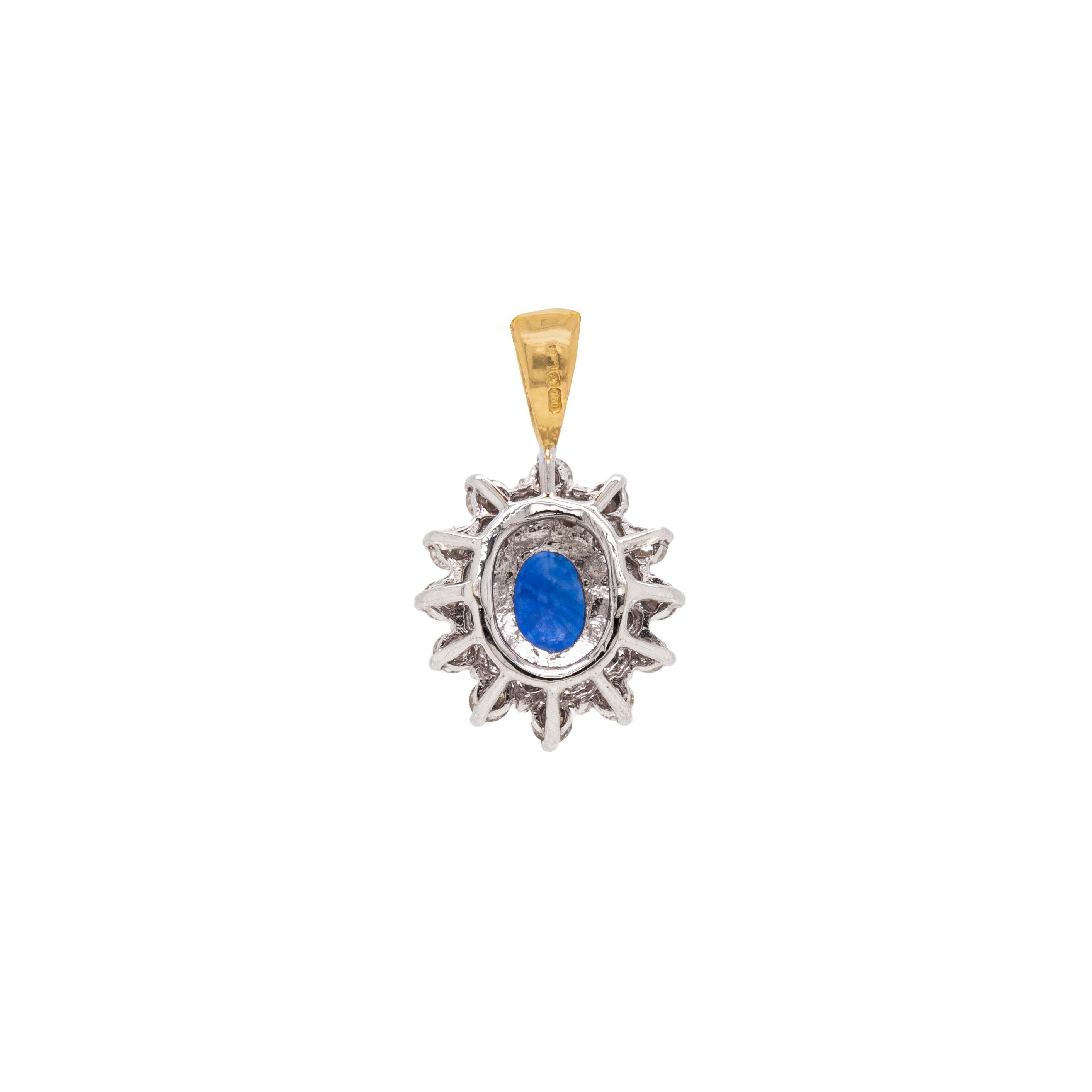 Modern Oval Blue Sapphire and Diamond 18 Carat White and Yellow Gold Cluster Pendant For Sale