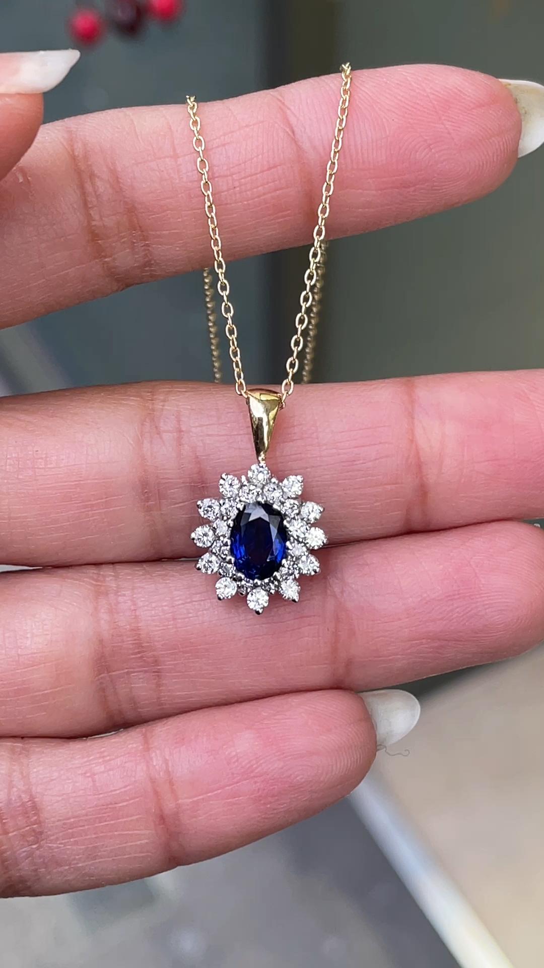 Oval Blue Sapphire and Diamond 18 Carat White and Yellow Gold Cluster Pendant For Sale 1