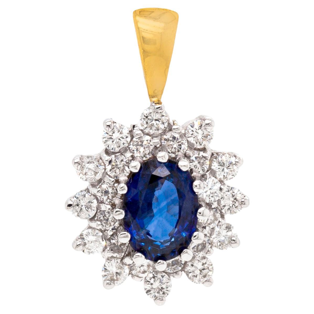 Oval Blue Sapphire and Diamond 18 Carat White and Yellow Gold Cluster Pendant For Sale