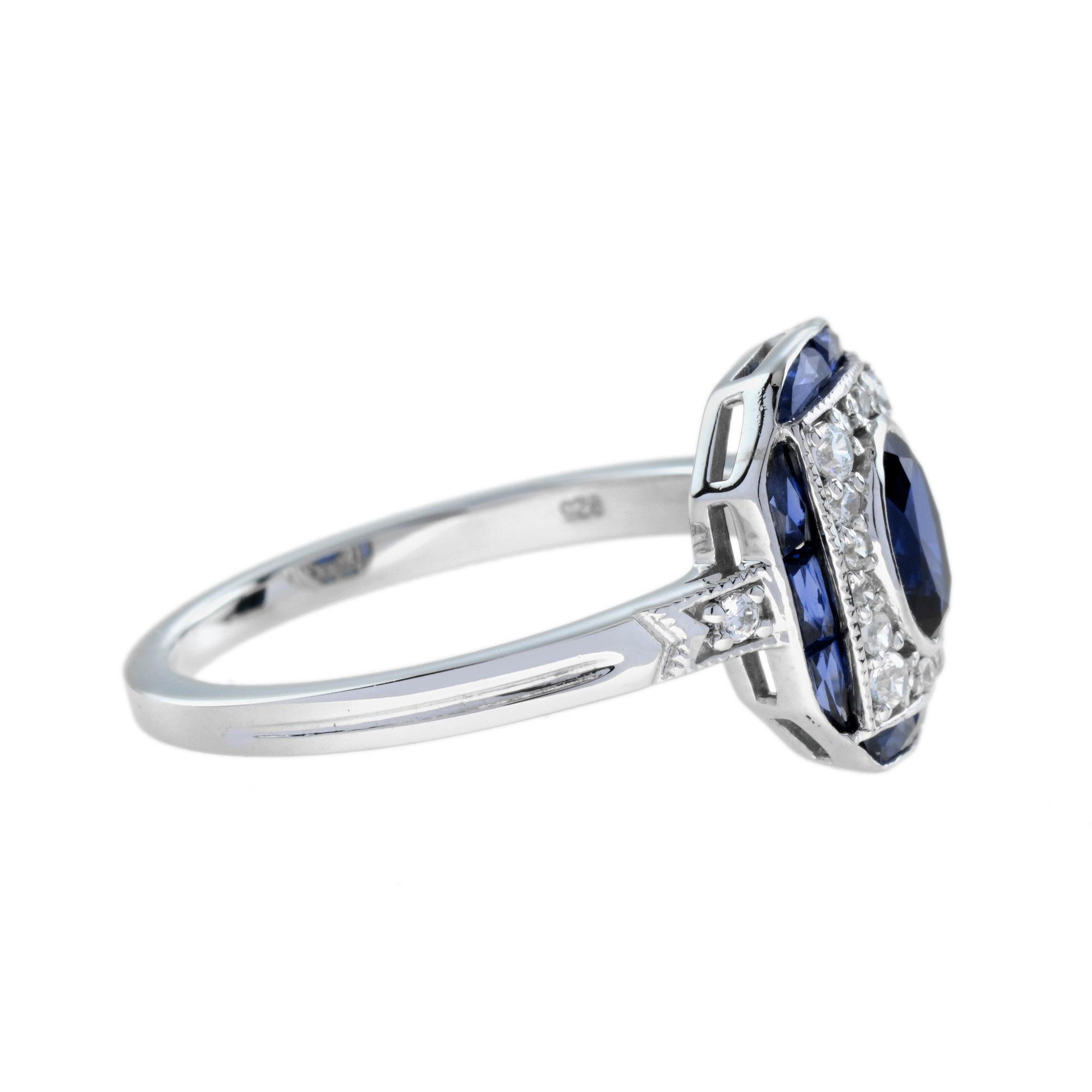 For Sale:  Oval Blue Sapphire and Diamond Art Deco Style Engagement Ring in 18K White Gold 4