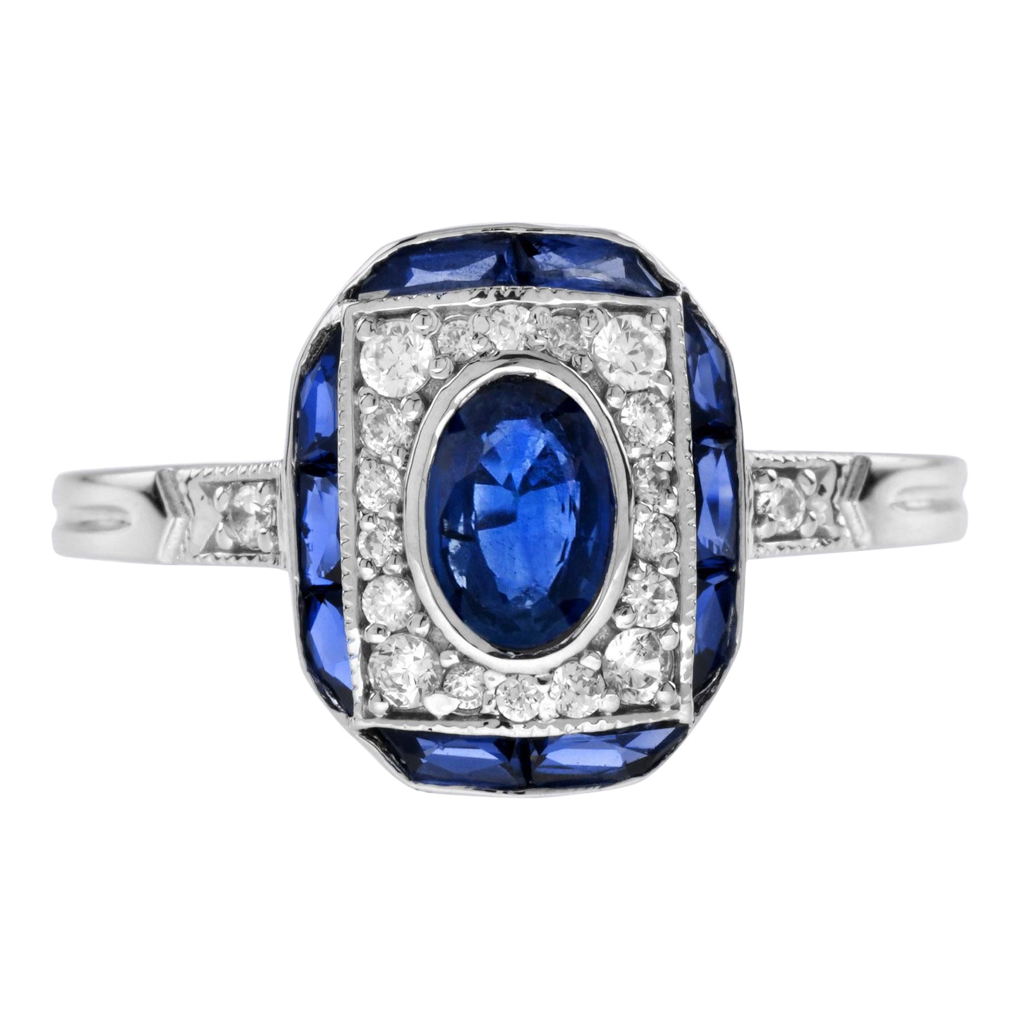 Bague de fiançailles de style Art déco en or blanc 18 carats, saphir bleu ovale et diamant