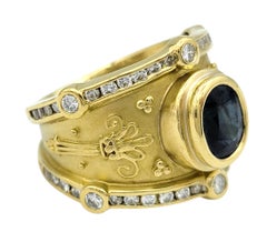 Oval Blue Sapphire and Diamond Etruscan Band Ring in 18 Karat Yellow Gold