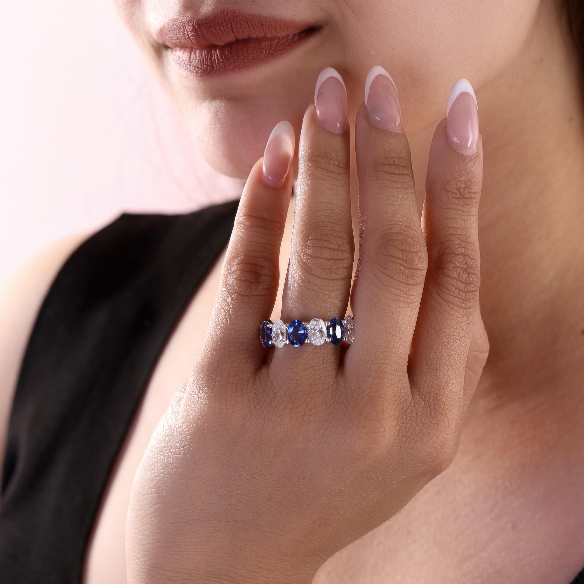 in vendita:  Anello a fascia a eternità completa con zaffiro blu ovale e diamante, gioielli in oro bianco 18 carati 2