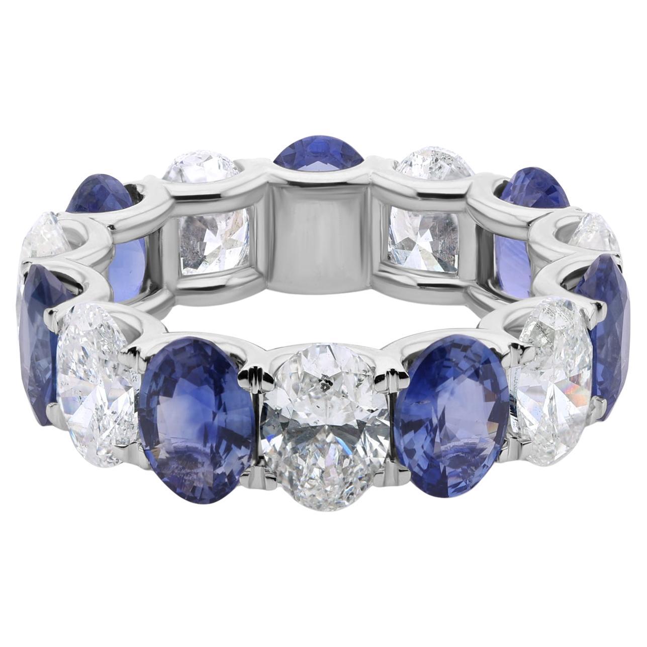 Oval Blue Sapphire and Diamond Full Eternity Band Ring 18K White Gold Jewelry