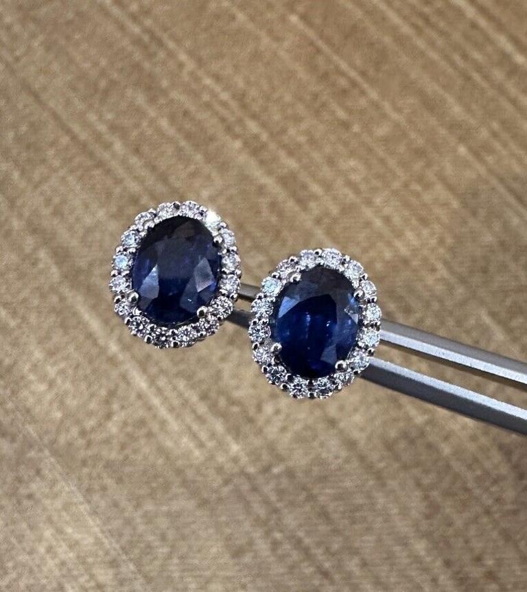 Oval Blue Sapphire and Diamond Halo Earrings in 14k White Gold In Excellent Condition For Sale In La Jolla, CA