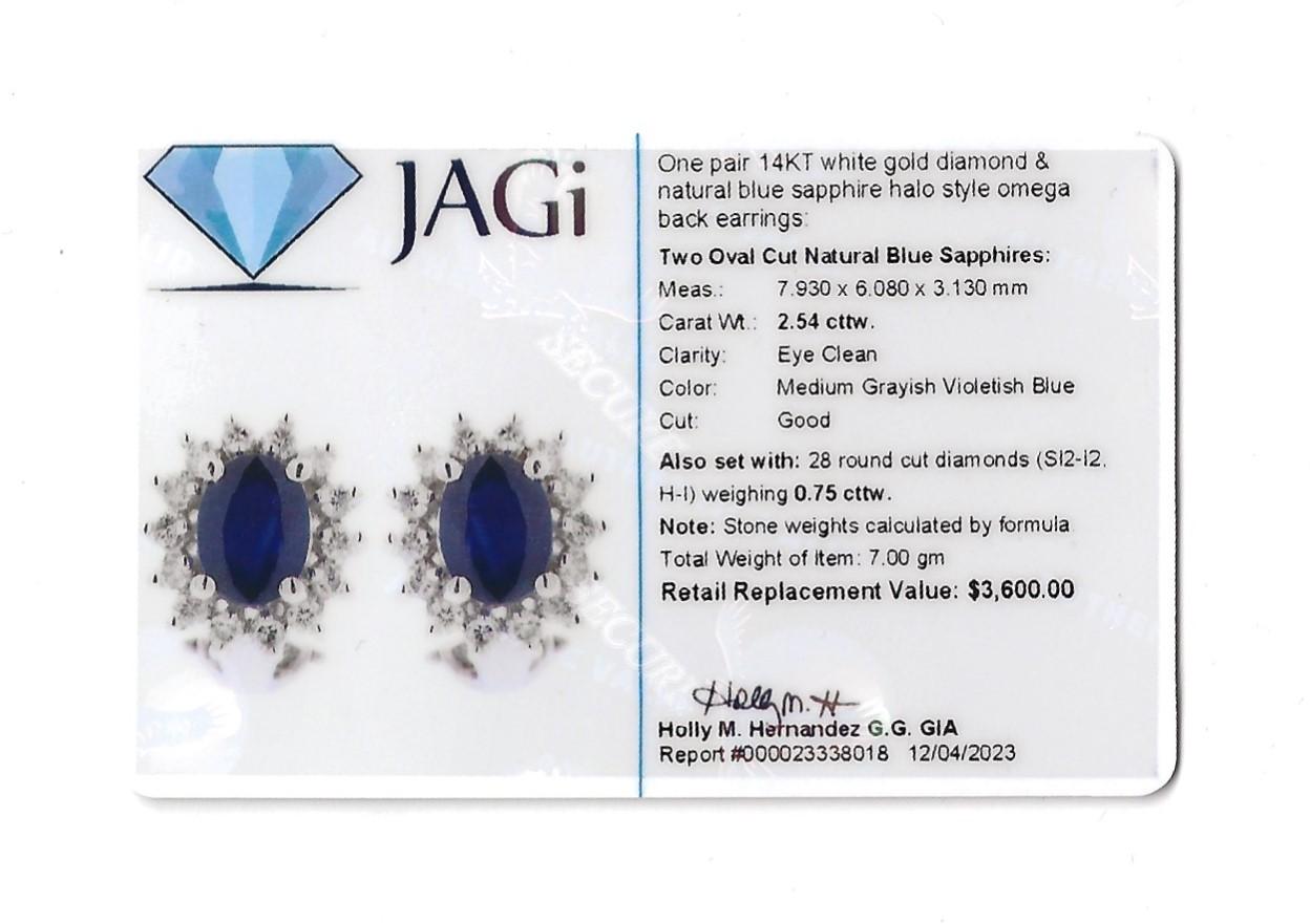 Oval Blue Sapphire and Diamond Halo Stud Earrings in 14 Karat White Gold For Sale 1