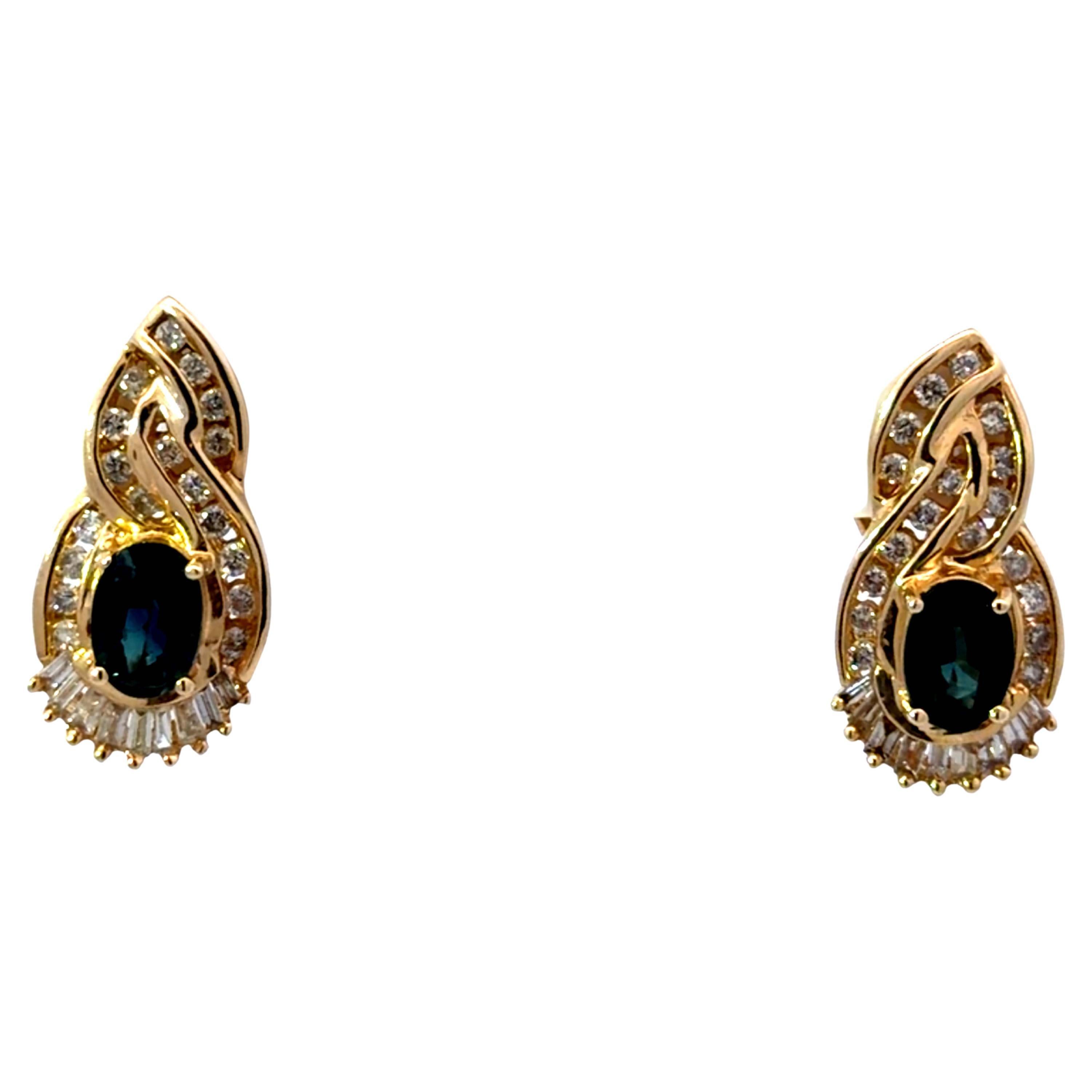 Oval Blue Sapphire and Diamond Omega Back Earrings 14K Yellow Gold