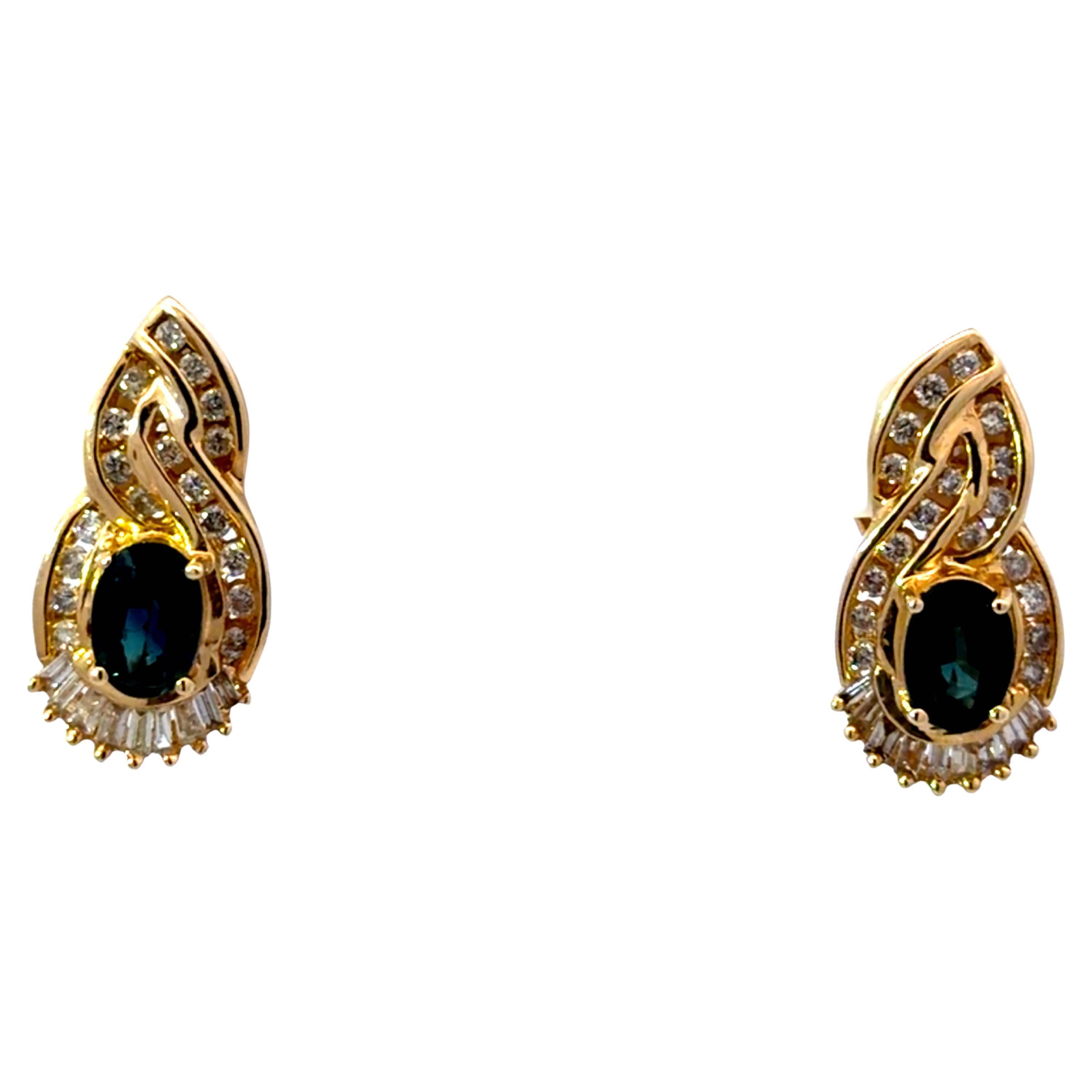 Oval Blue Sapphire and Diamond Omega Back Earrings 14K Yellow Gold