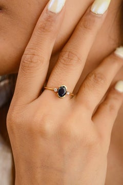 Oval Blue Sapphire and Diamond Solid 14k Yellow Gold Minimal Three Stone Ring