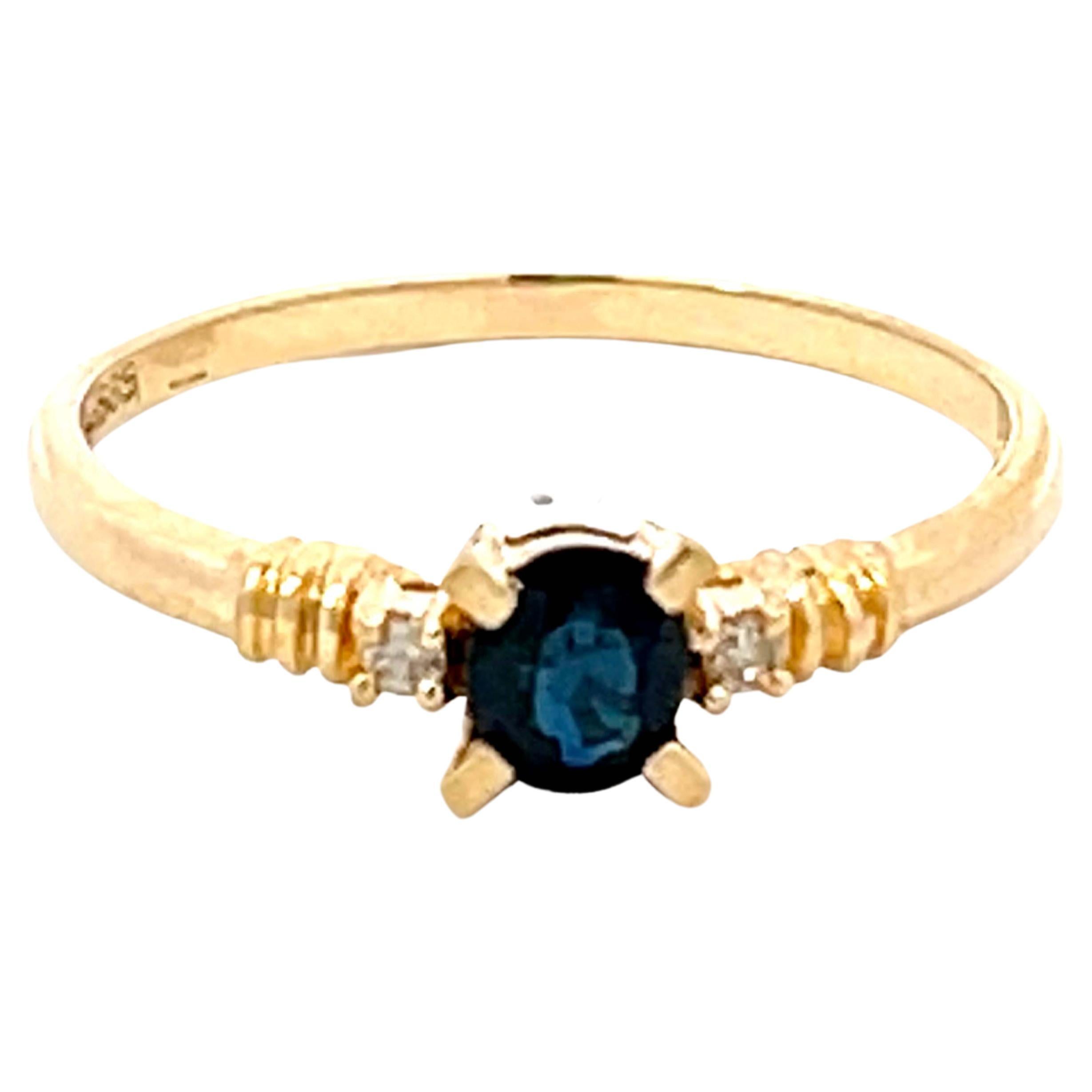Oval Blue Sapphire and Diamond Stackable Ring in 14k Yellow Gold For Sale