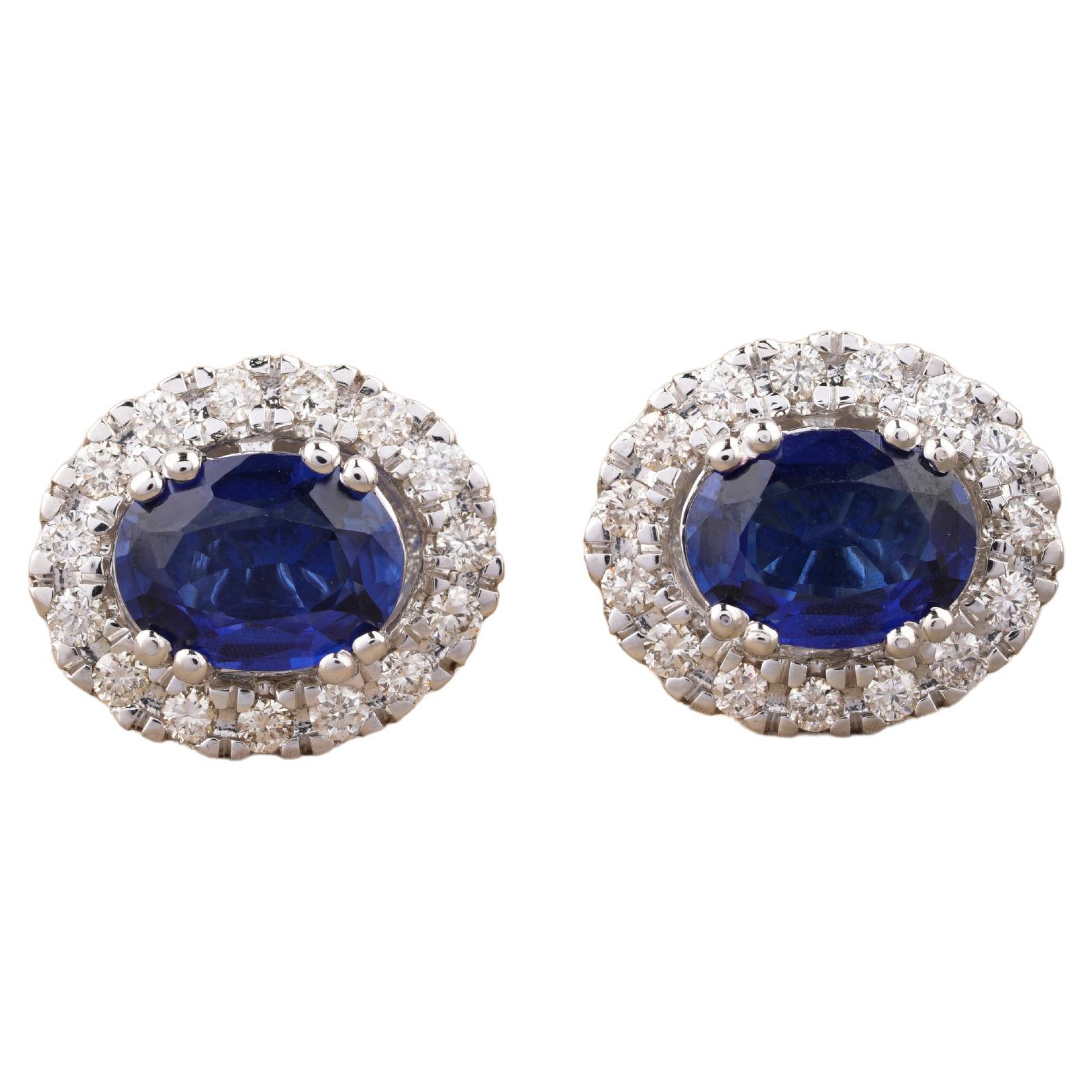 Boucles d'oreilles en or massif 18 carats saphir bleu ovale et diamant