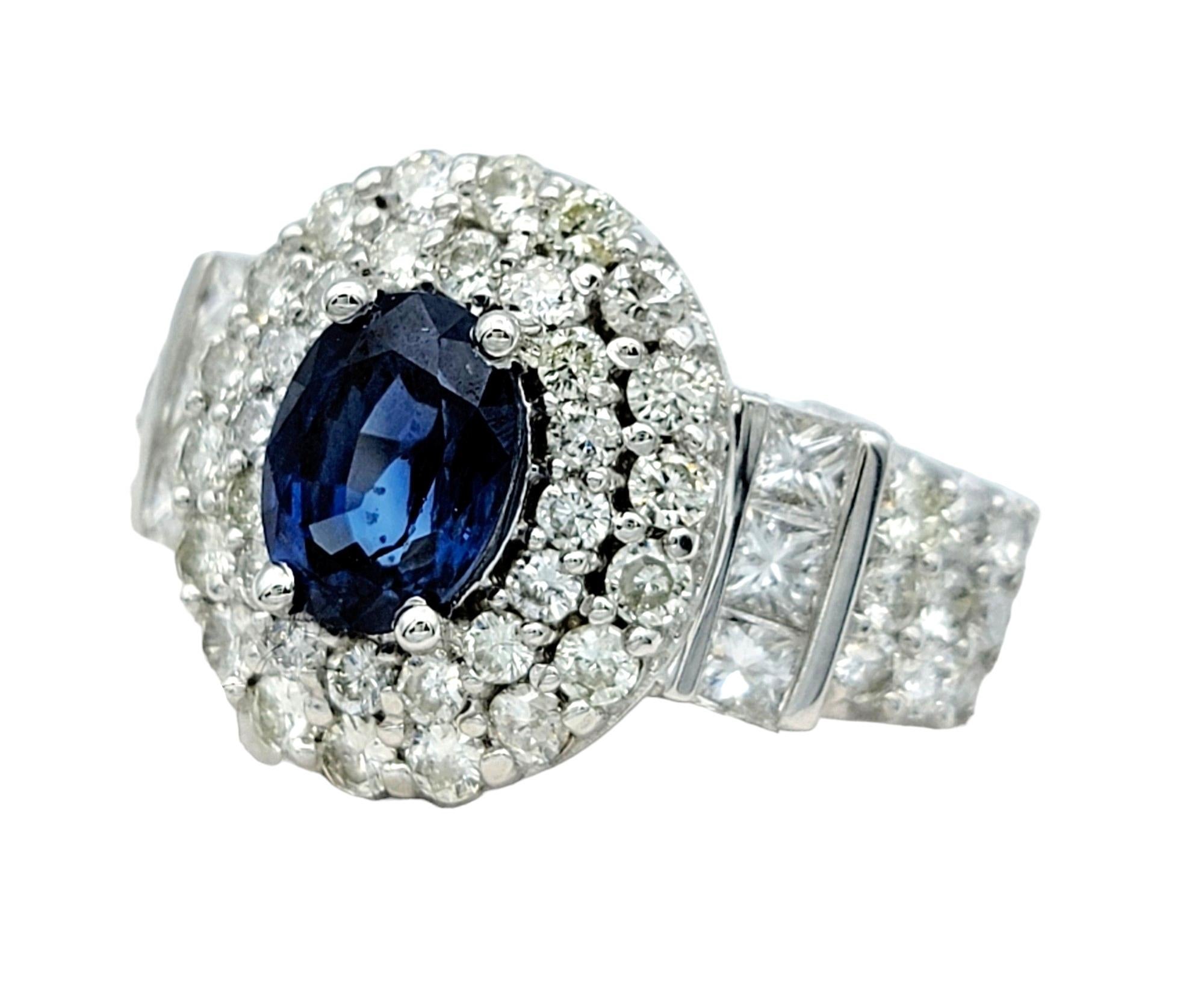 Oval Blue Sapphire and Double Diamond Halo Cocktail Ring in 14 Karat White Gold In Good Condition For Sale In Scottsdale, AZ