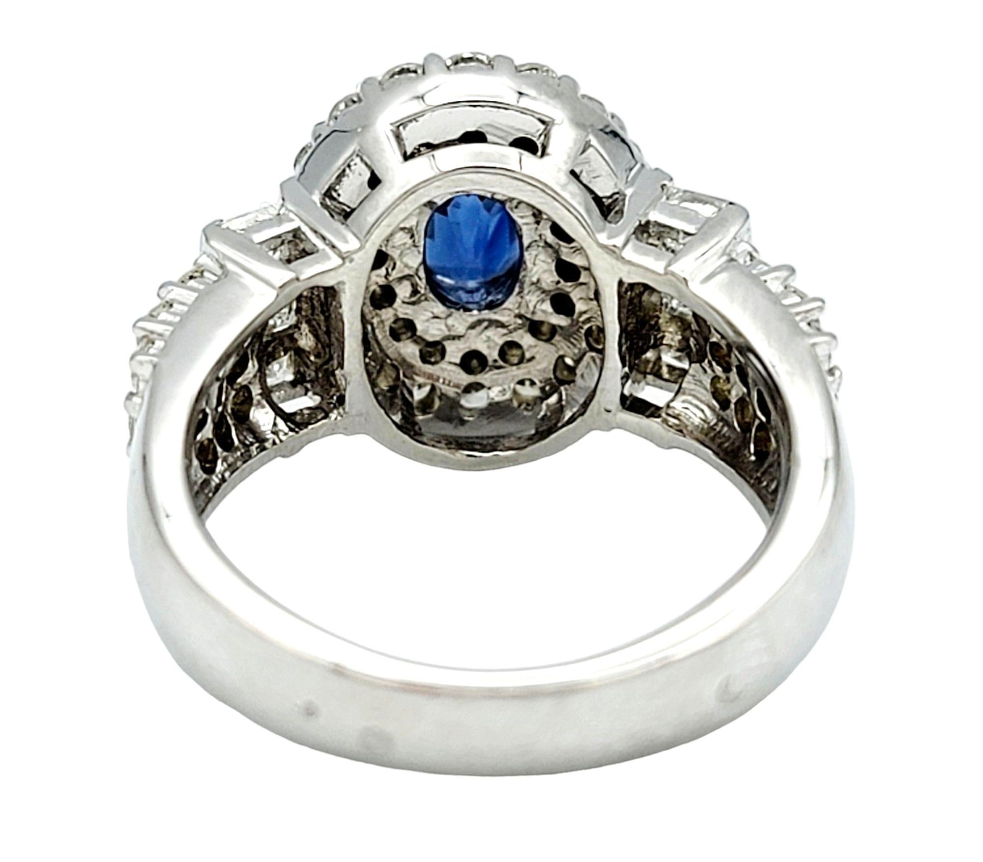 Women's Oval Blue Sapphire and Double Diamond Halo Cocktail Ring in 14 Karat White Gold For Sale