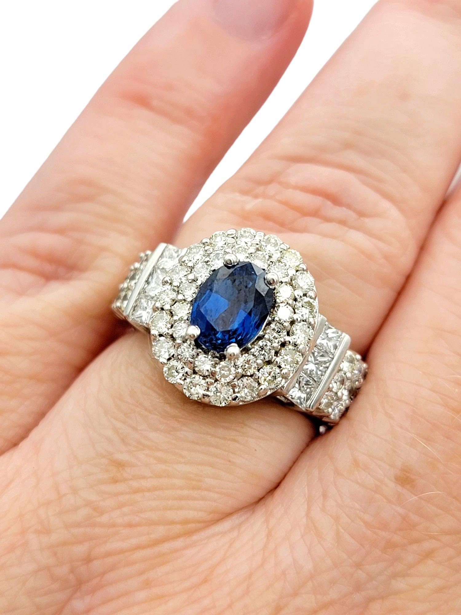 Oval Blue Sapphire and Double Diamond Halo Cocktail Ring in 14 Karat White Gold For Sale 2