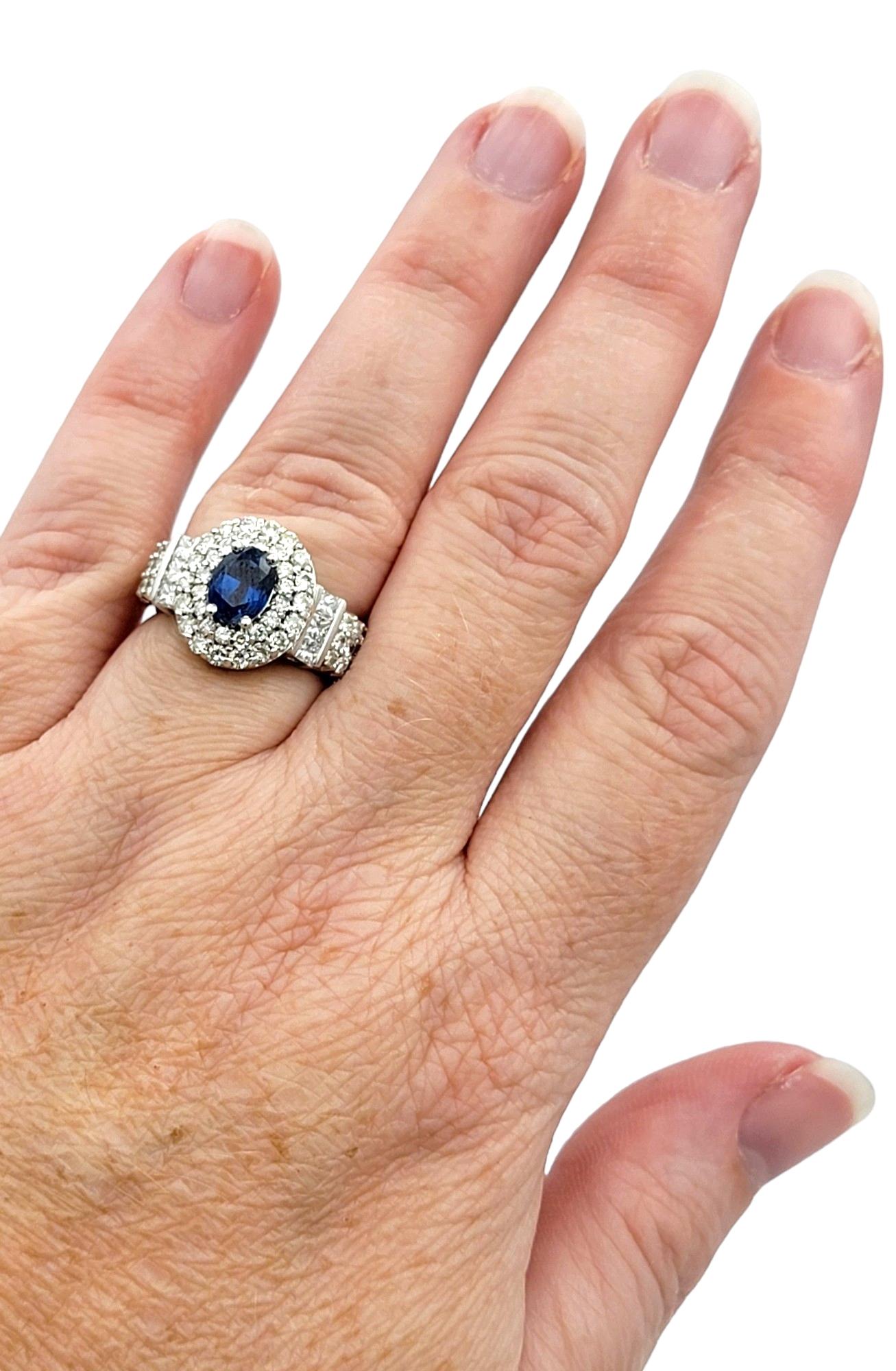 Oval Blue Sapphire and Double Diamond Halo Cocktail Ring in 14 Karat White Gold For Sale 3