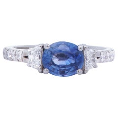 Oval Blue Sapphire and Half Moon Brilliant Cut Diamond Ring 18K White Gold