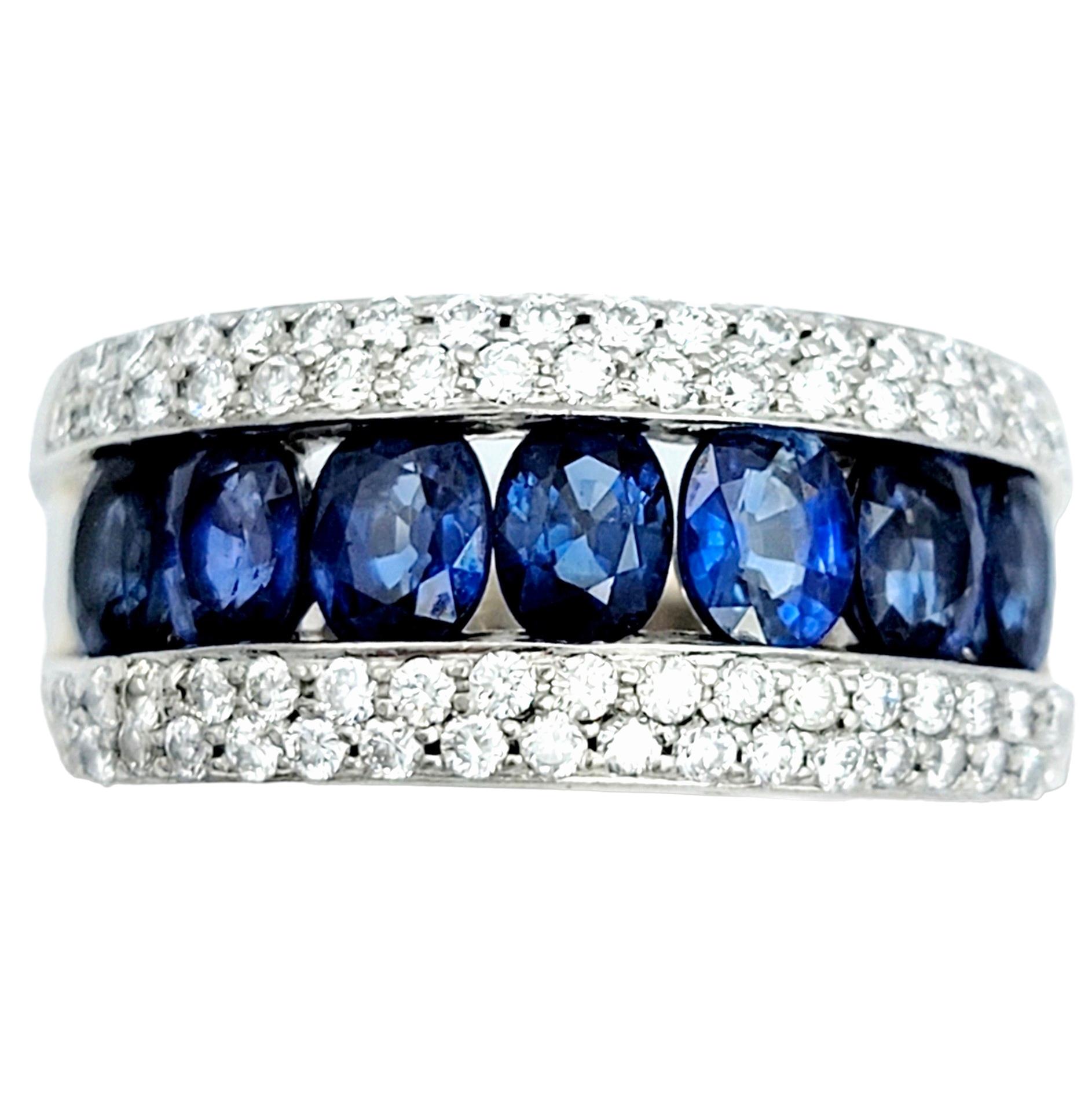Contemporary Oval Blue Sapphire and Round Diamond Band Ring in 14 Karat White Gold For Sale