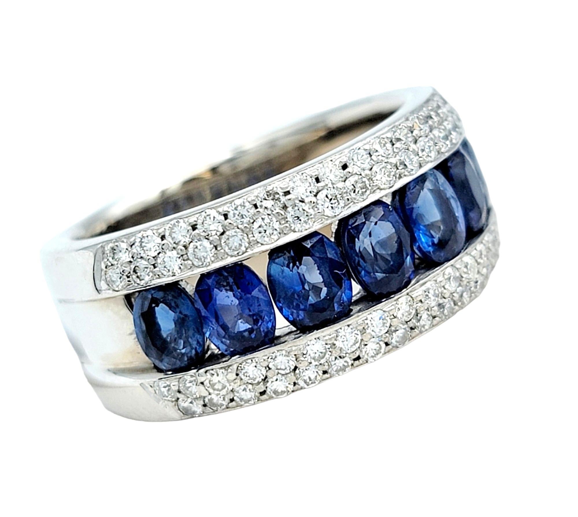 Oval Cut Oval Blue Sapphire and Round Diamond Band Ring in 14 Karat White Gold For Sale