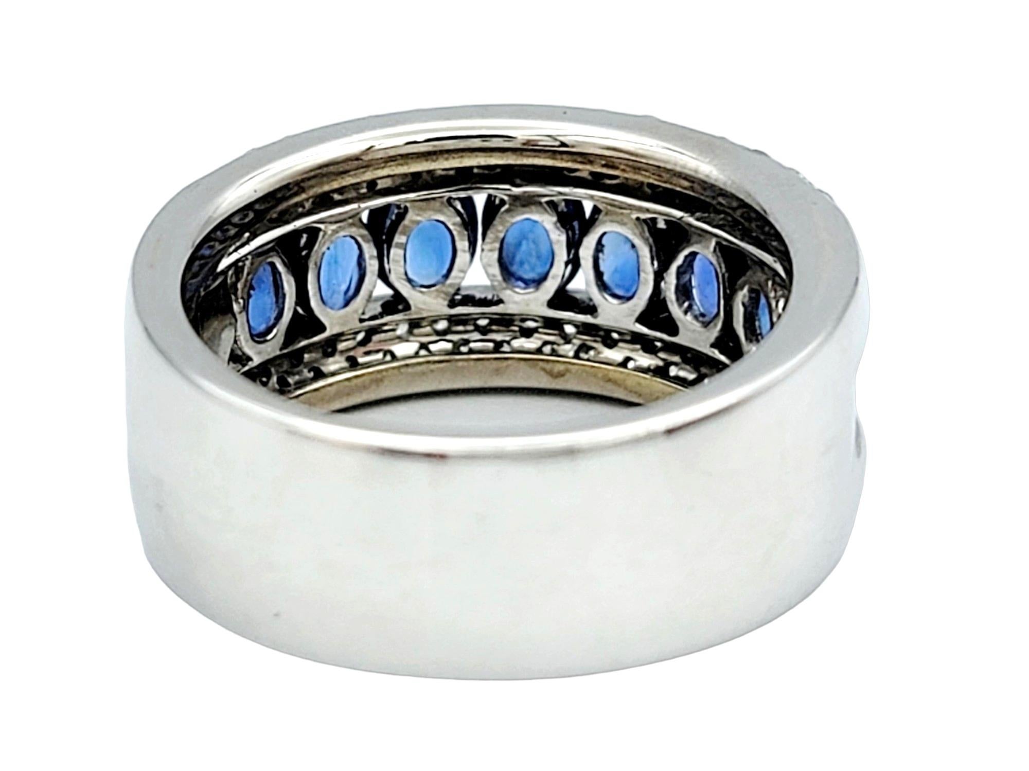 Women's Oval Blue Sapphire and Round Diamond Band Ring in 14 Karat White Gold For Sale
